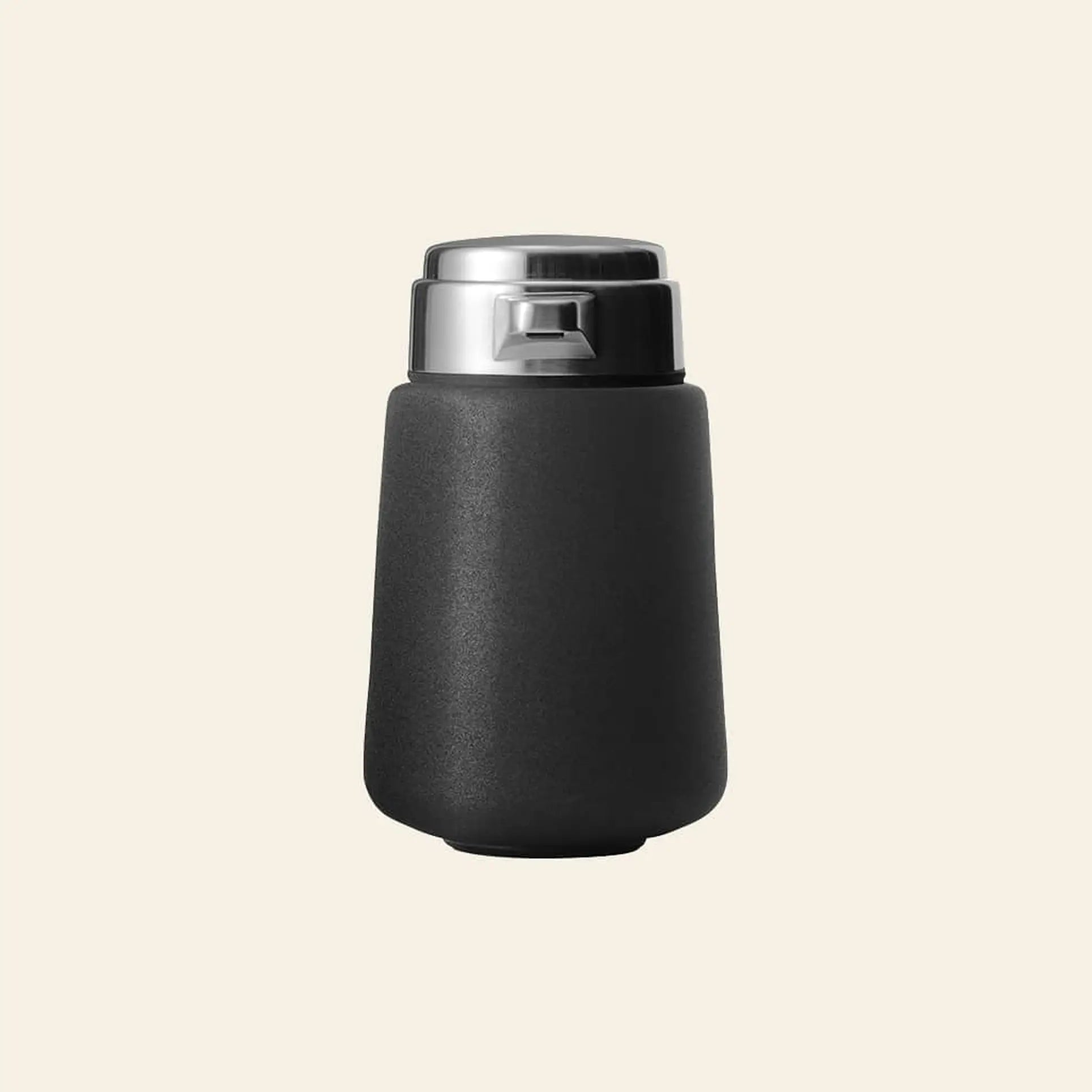The Vipp Vipp9 Dispenser by Vipp, with a sleek black matte finish and stainless steel lid, is displayed on a light beige background—a must-have kitchen accessory for enjoying drinks while on the move.