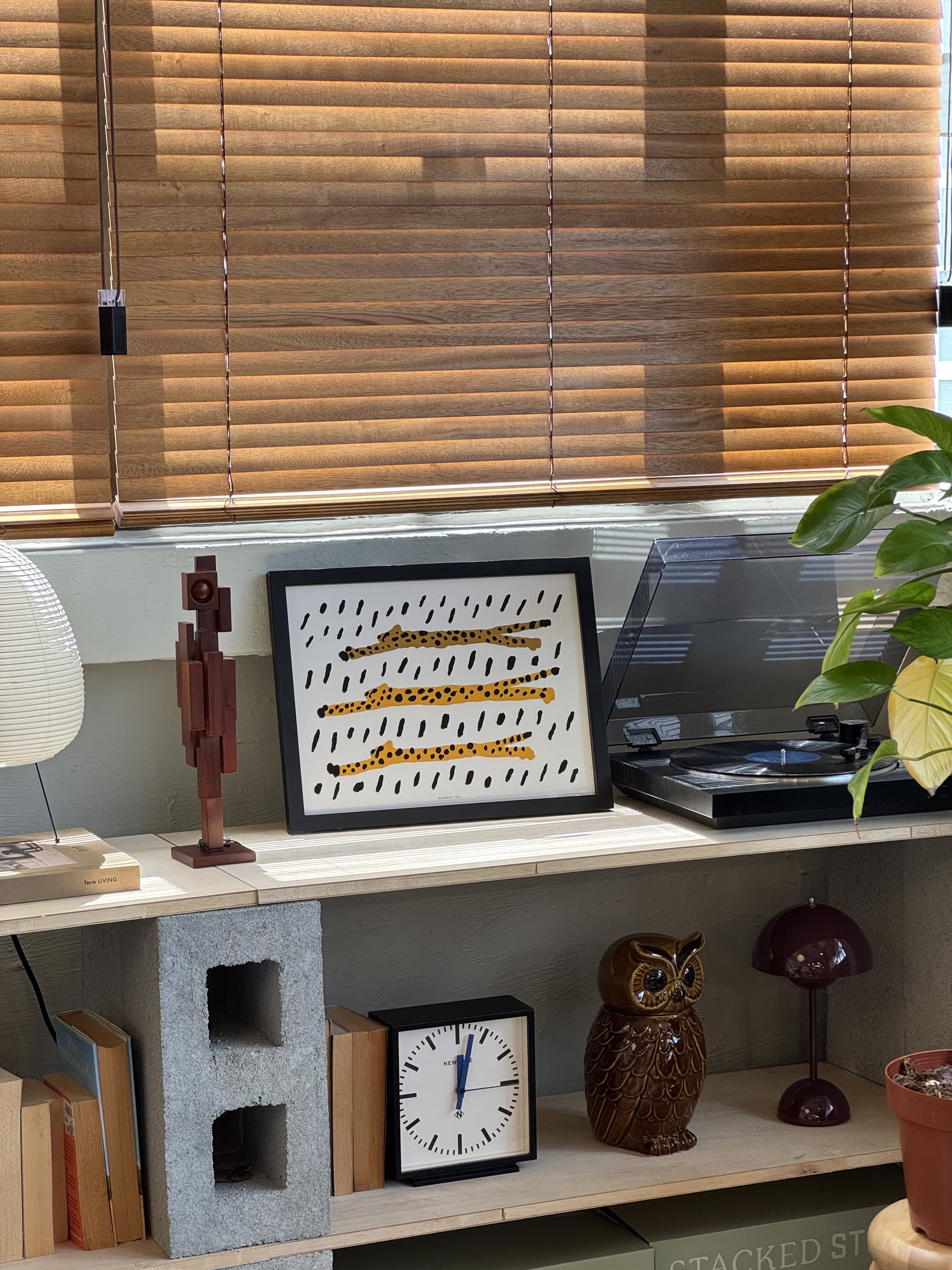 A cozy, minimalist shelf with books, a clock, lamp, plant, owl figurine, framed WARMGREY TAIL Run Cheetah Run! Poster (30x40), record player, and sunlight through wooden blinds—perfect for relaxing after learning about cheetahs.