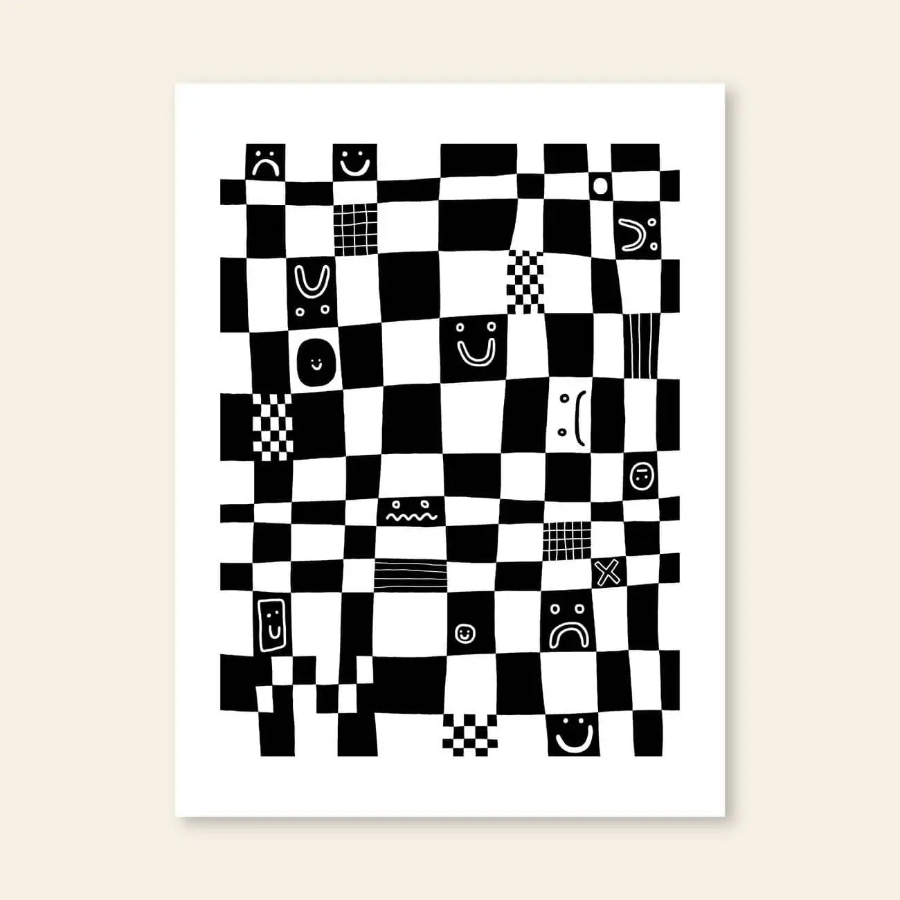 The Wobbly Studio Checkmate (30x40) by Wobbly Studio features a digitally printed black and white checkerboard with simple faces and abstract designs on a light beige background, inspired by Marie Chanteur’s Emotional Checkmate.