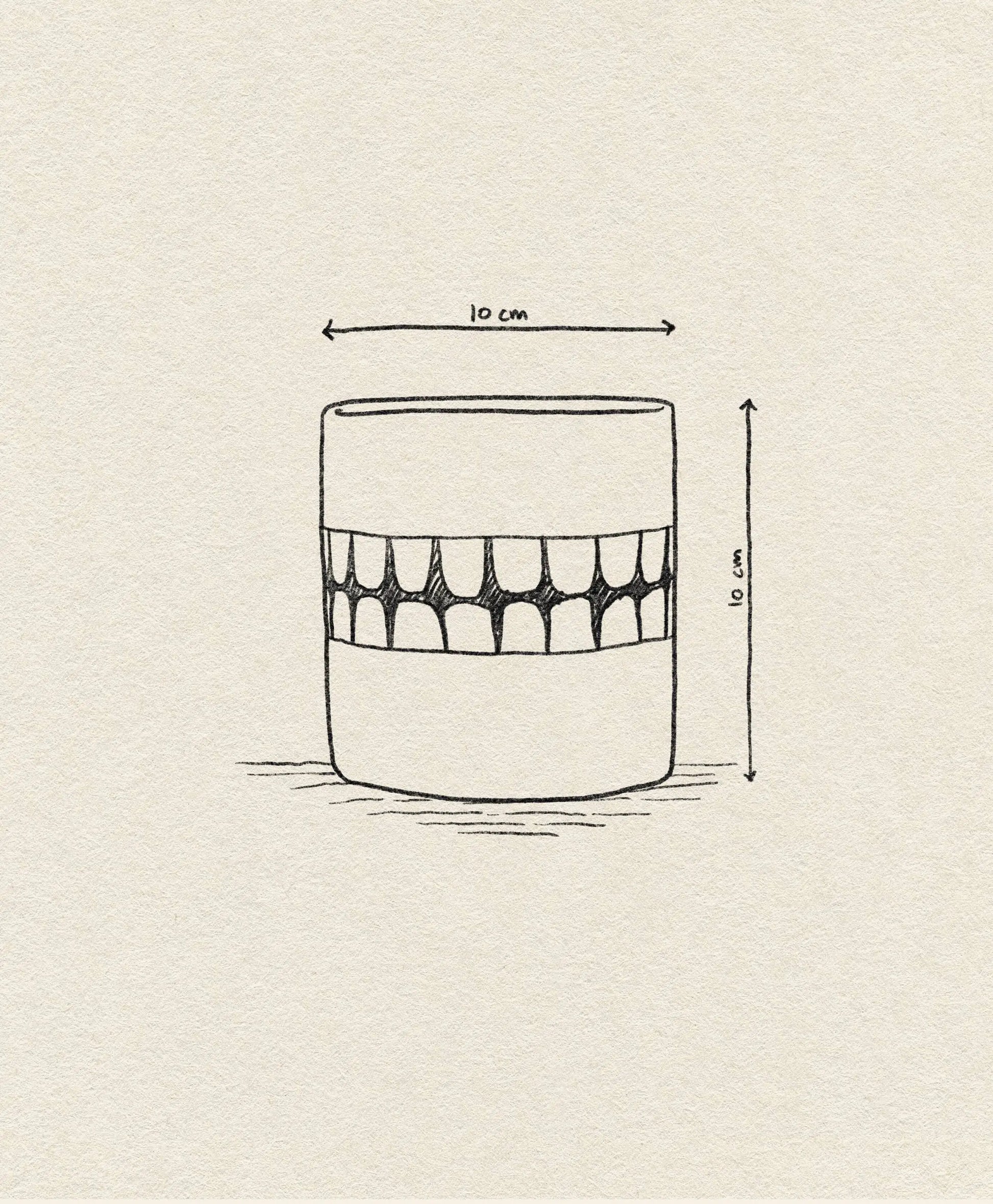 The Wobbly Studio Denture Pot by Wobbly Studio is a hand-drawn cylindrical piece, 10 cm tall and 10 cm wide, featuring a middle band of arch patterns against a textured beige paper background.