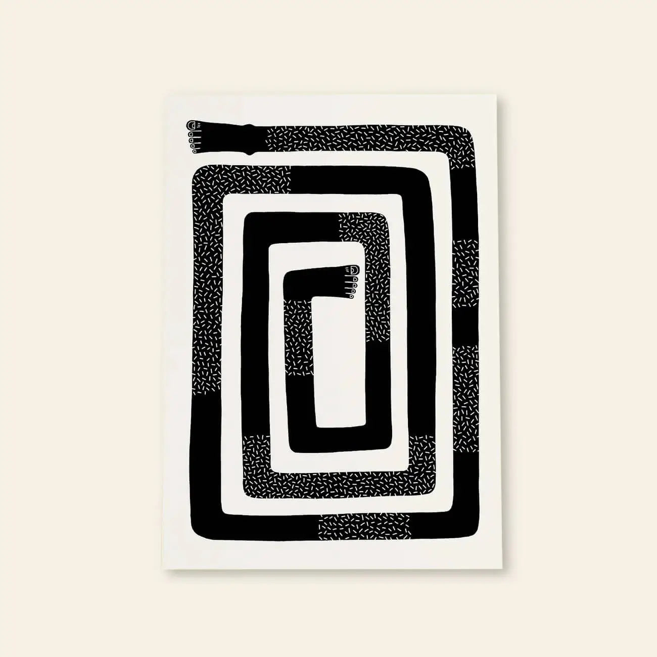 Wobbly Studio The Maze (50x70) is a minimalist screenprint showing a long black snake coiled in a rectangular spiral with alternating solid and patterned segments. Each unframed poster is signed and numbered by the artist.