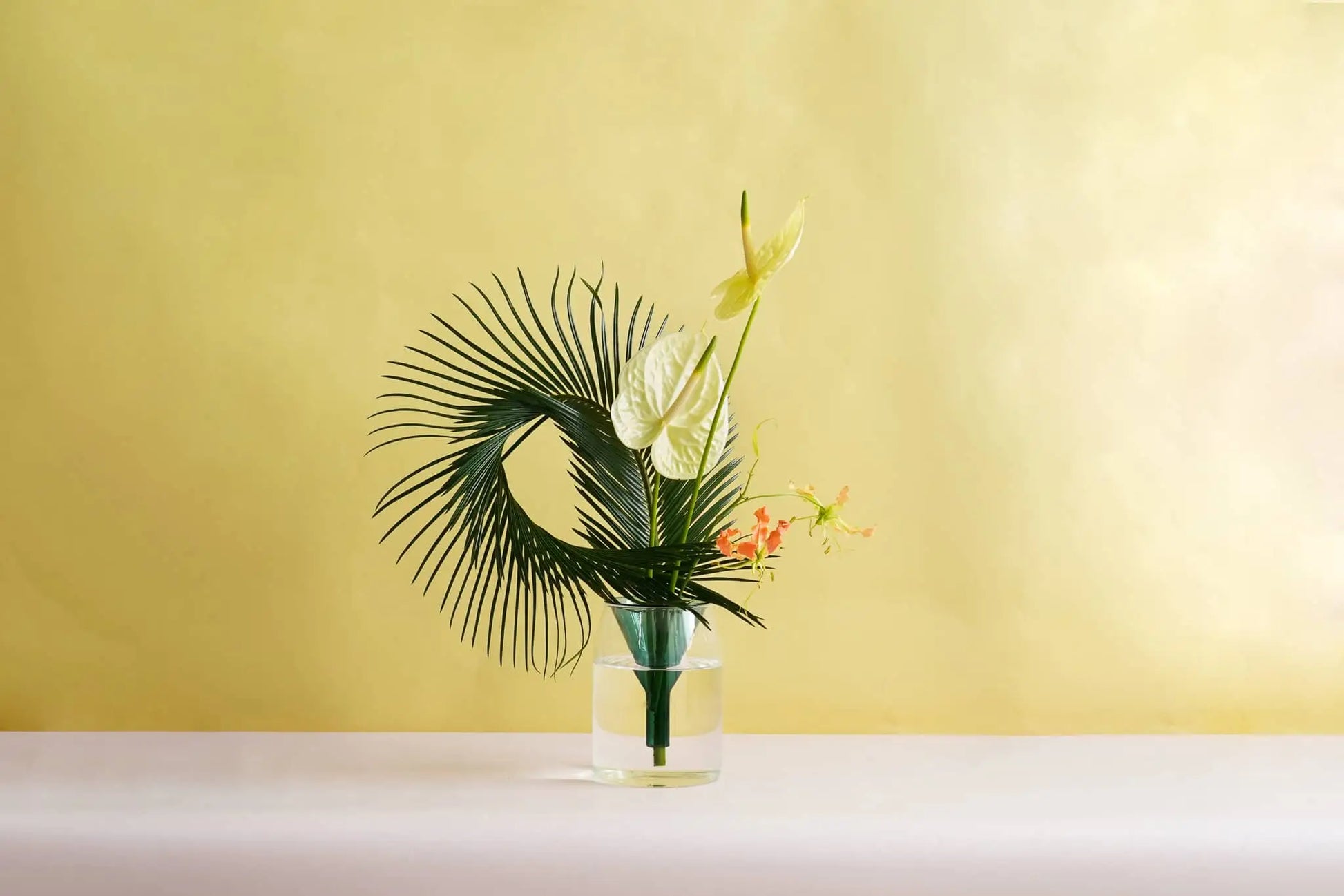 A minimalist arrangement of green palm leaves and white flowers in the Wonderland Botanicals Kado Vase, set against a pale yellow background. Elevate your space with the Wonderland Botanicals Collaboration charm.