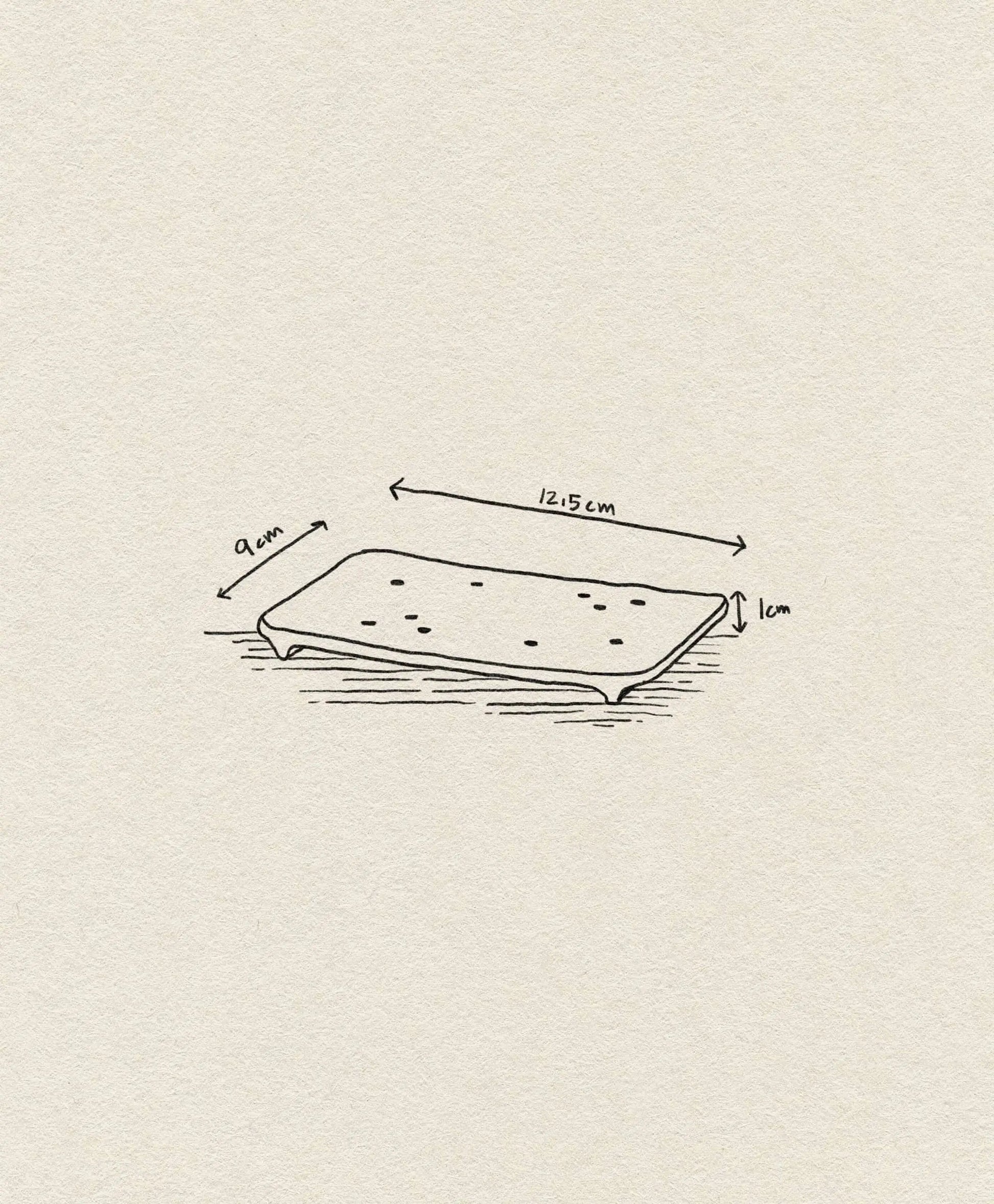 The ferm LIVING Bon Accessories Soap Tray, by ferm LIVING, is a hand-drawn rectangular tray with small dots, measuring 12.5 cm x 9 cm x 1 cm, shown with measurement arrows on a textured paper background.