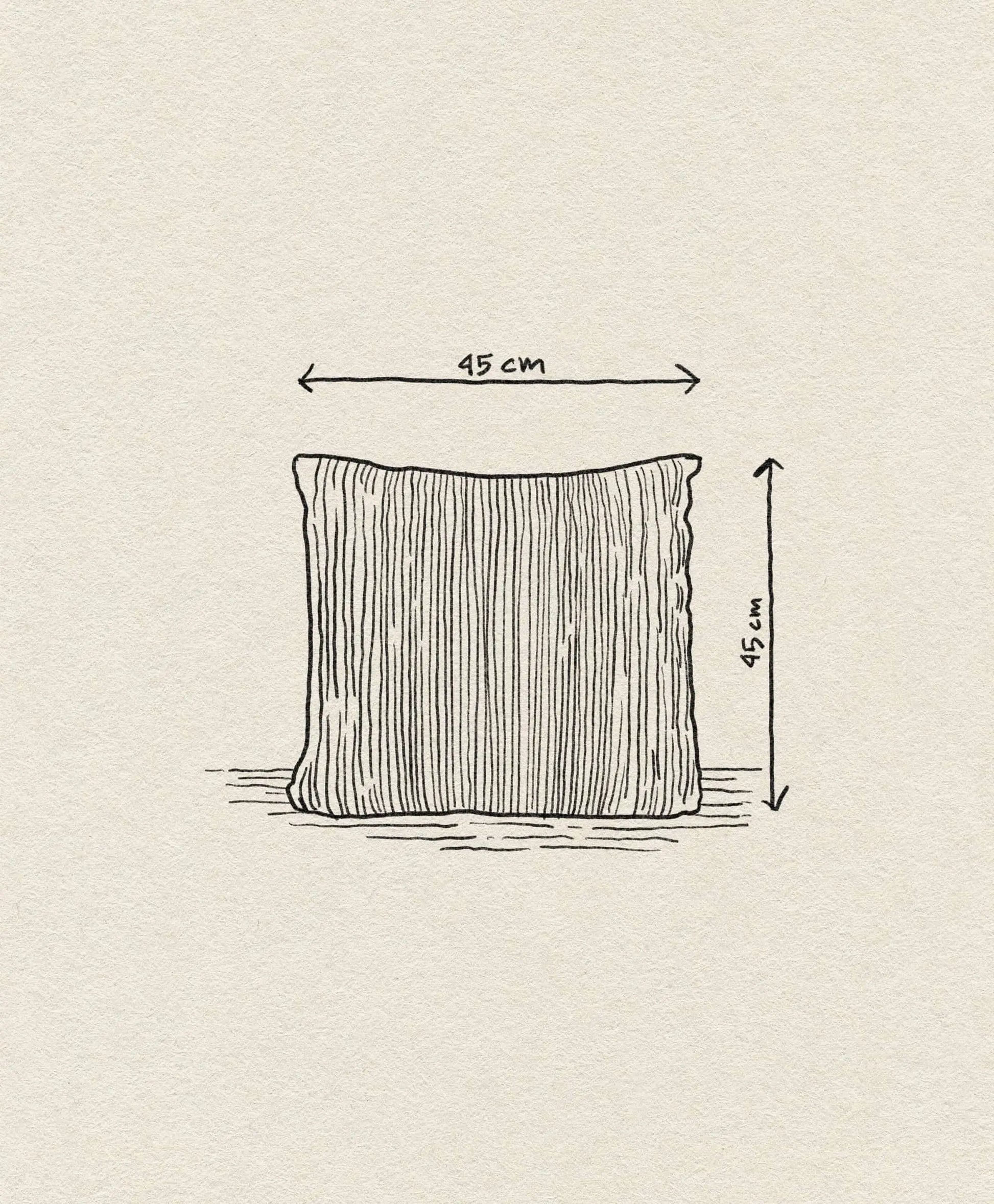 A simple line drawing of the ferm LIVING Corduroy Cushion, a square pillow (45x45 cm) with vertical Corduroy-style stripes. Arrows and labels show measurements above and beside it, set against a textured off-white background.