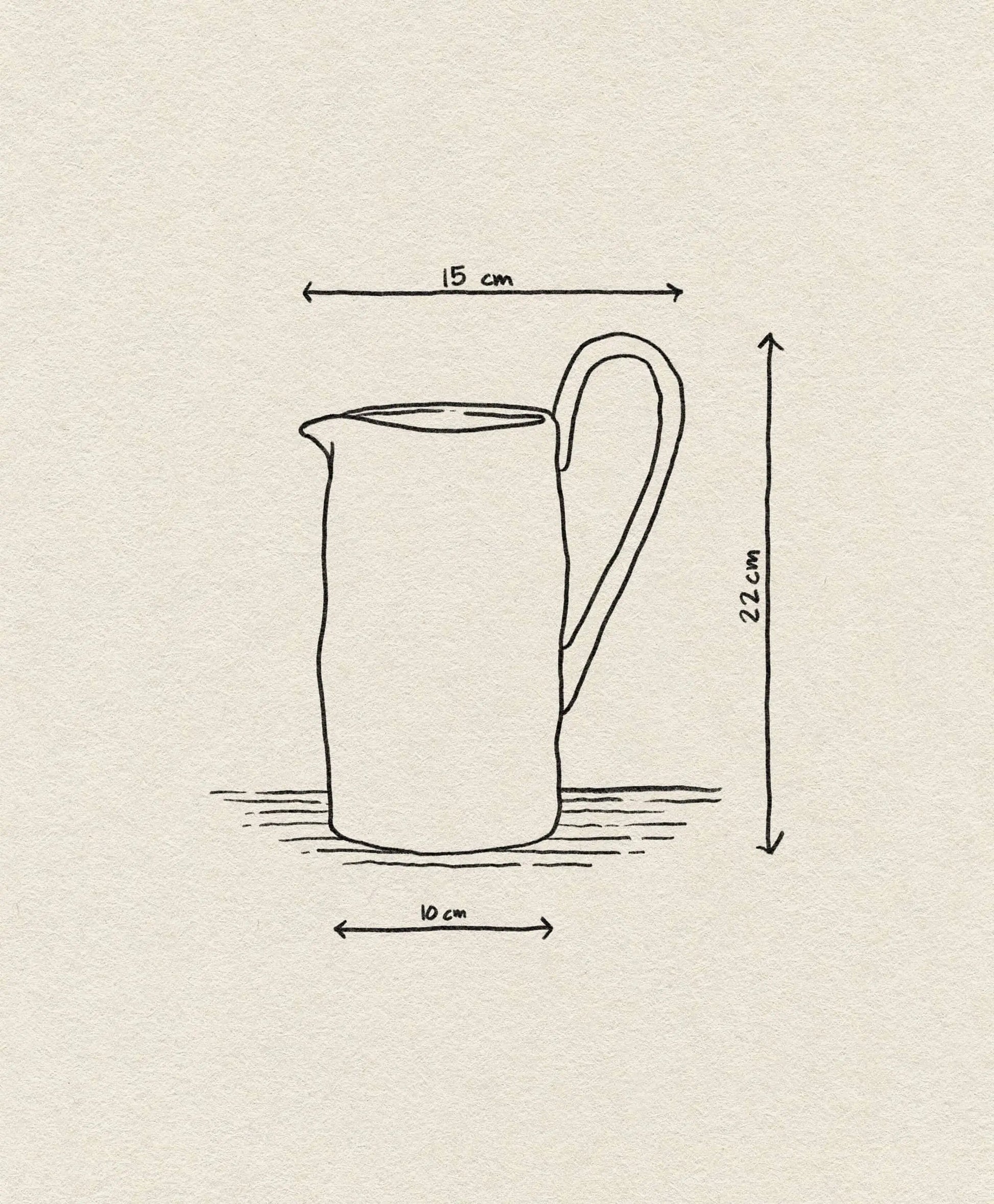 Line drawing of the ferm LIVING Flow Jug with handle, displayed on textured paper. This kitchen decor piece features organic shapes and is labeled: 15 cm wide (with handle), 10 cm base, and 22 cm tall. Brand: ferm LIVING.