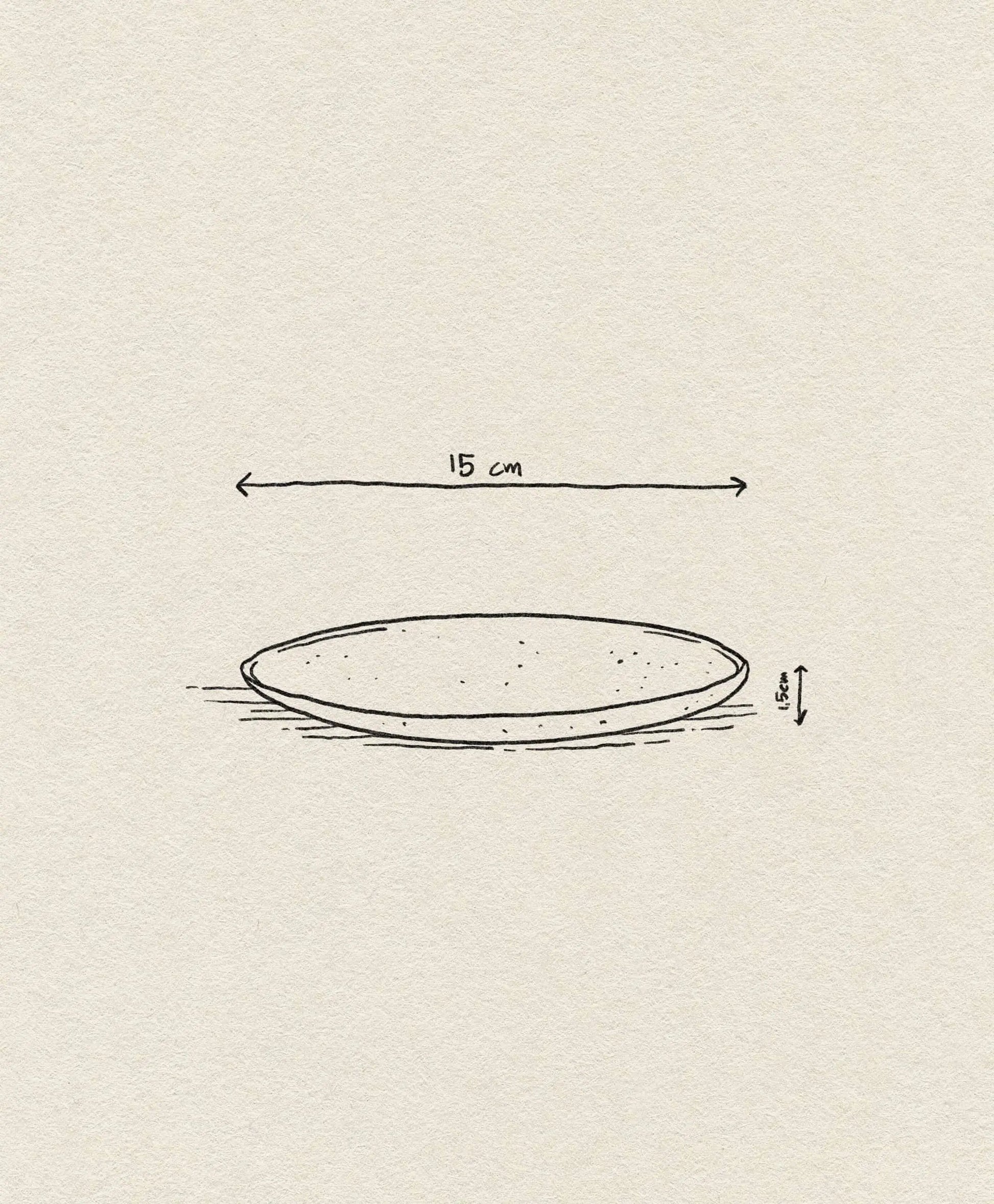 A minimalist side-view sketch of the ferm LIVING Flow Plate, Small—round porcelain, 15 cm diameter × 1.5 cm height—with labeled dimensions on a textured background, perfect for highlighting reactive glaze by ferm LIVING.