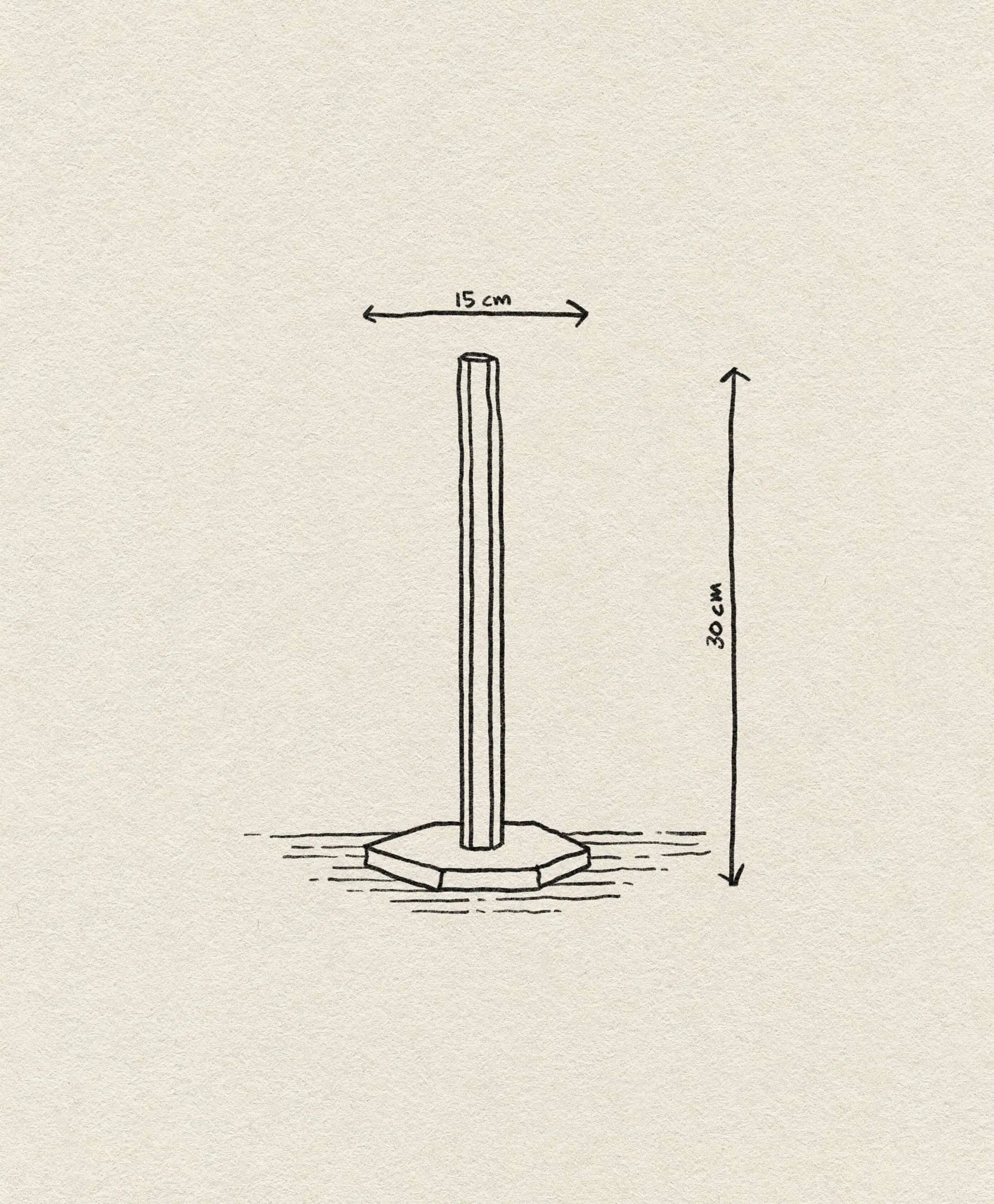 The ferm LIVING Hexagon Stand by ferm LIVING features a simple line drawing of a vertical pole with a 15 cm wide hexagonal base, standing 30 cm tall—ideal for use as a paper towel roll holder.