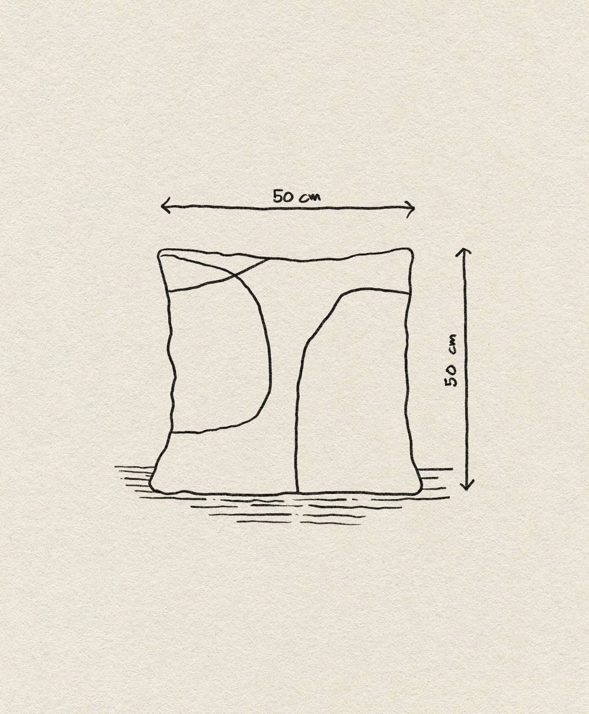 A simple line drawing of the ferm LIVING Kelim Cushion by ferm LIVING, in Scandi style with abstract curved lines and dimensions of 50 x 50 cm indicated by arrows for width and height.
