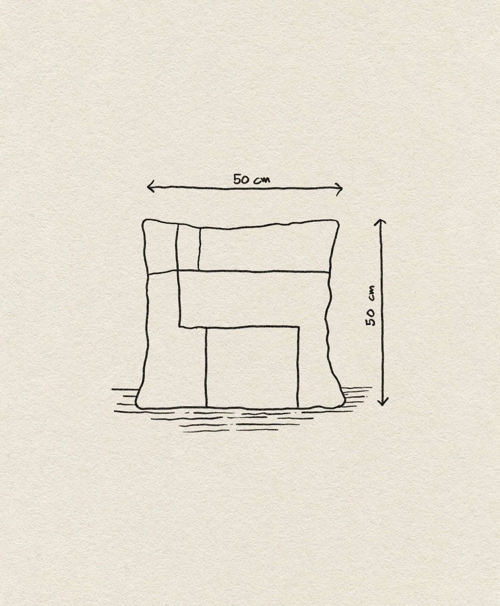 Line drawing of the ferm LIVING Kelim Cushion, a geometric Scandi-style patchwork pillow by ferm LIVING, shown as a 50 x 50 cm square on light textured paper with size indicated by arrows and labels.