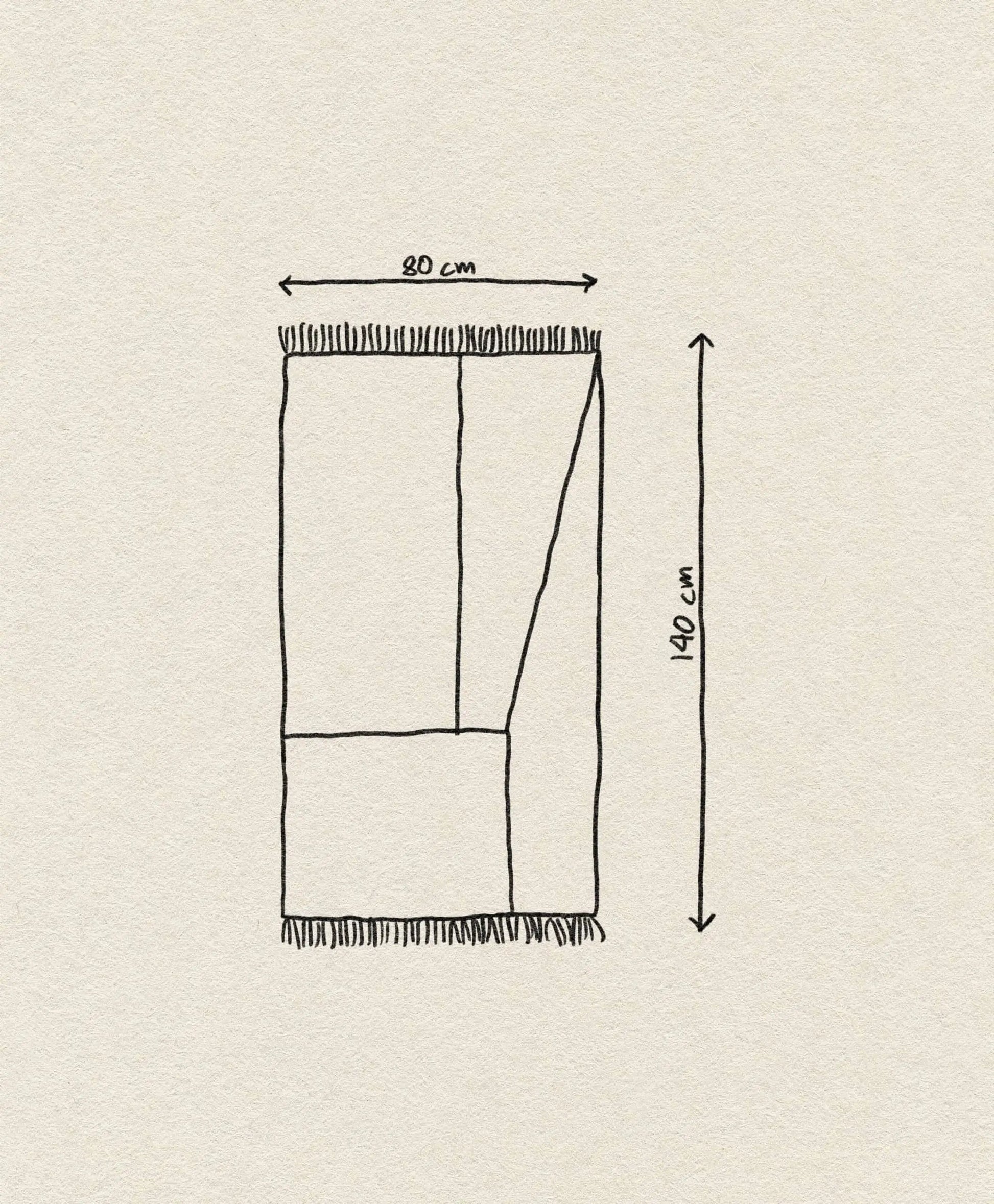 A hand-drawn rectangle with fringed edges, inspired by the ferm LIVING Kelim Rug, is divided into irregular geometric shapes. Dimensions: 80 x 140 cm. The artwork appears on a textured, off-white background.