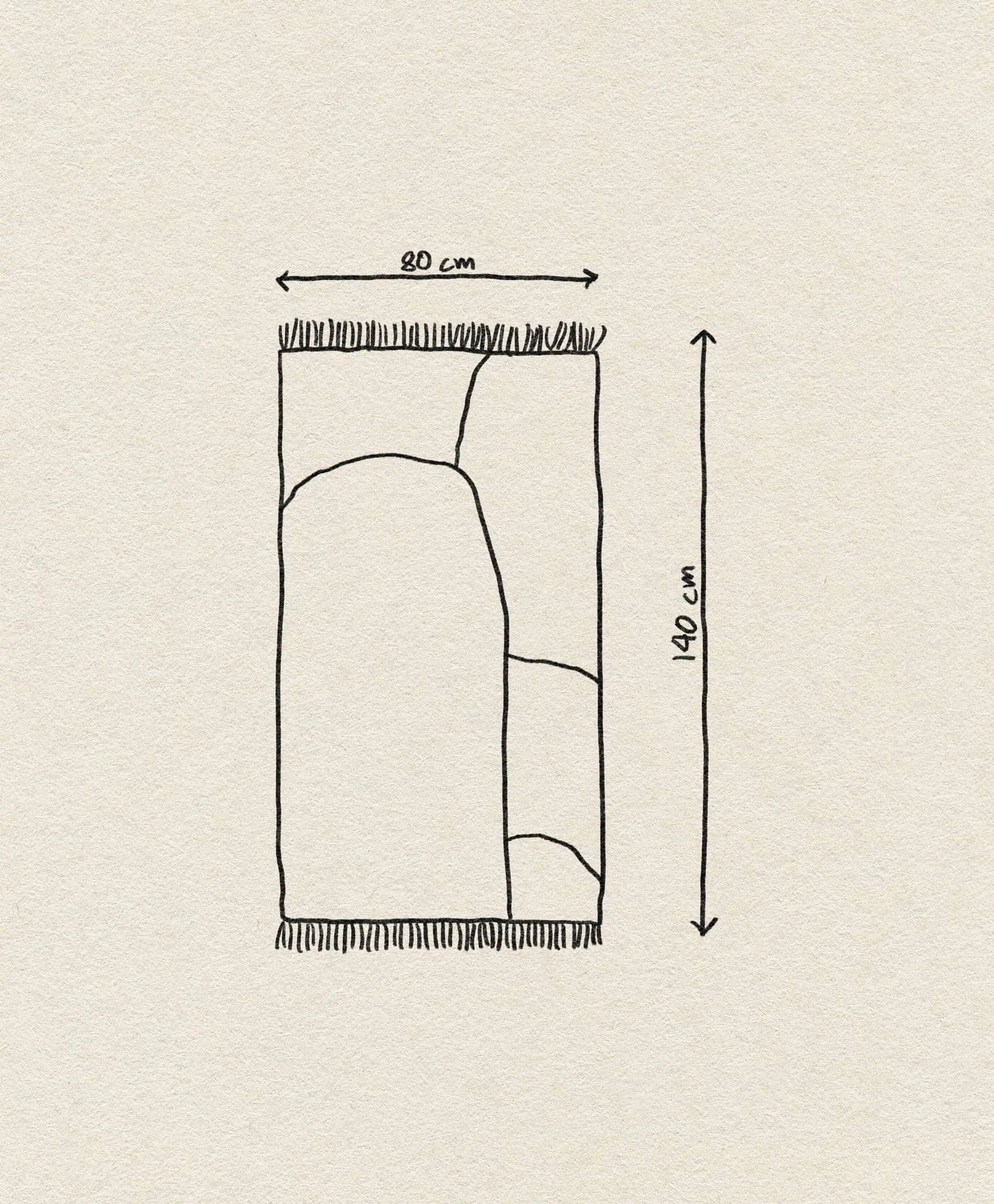 A simple line drawing of the ferm LIVING Kelim Rug by ferm LIVING, showing geometric shapes, fringes on the short sides, and labeled dimensions: 80 cm wide x 140 cm long.