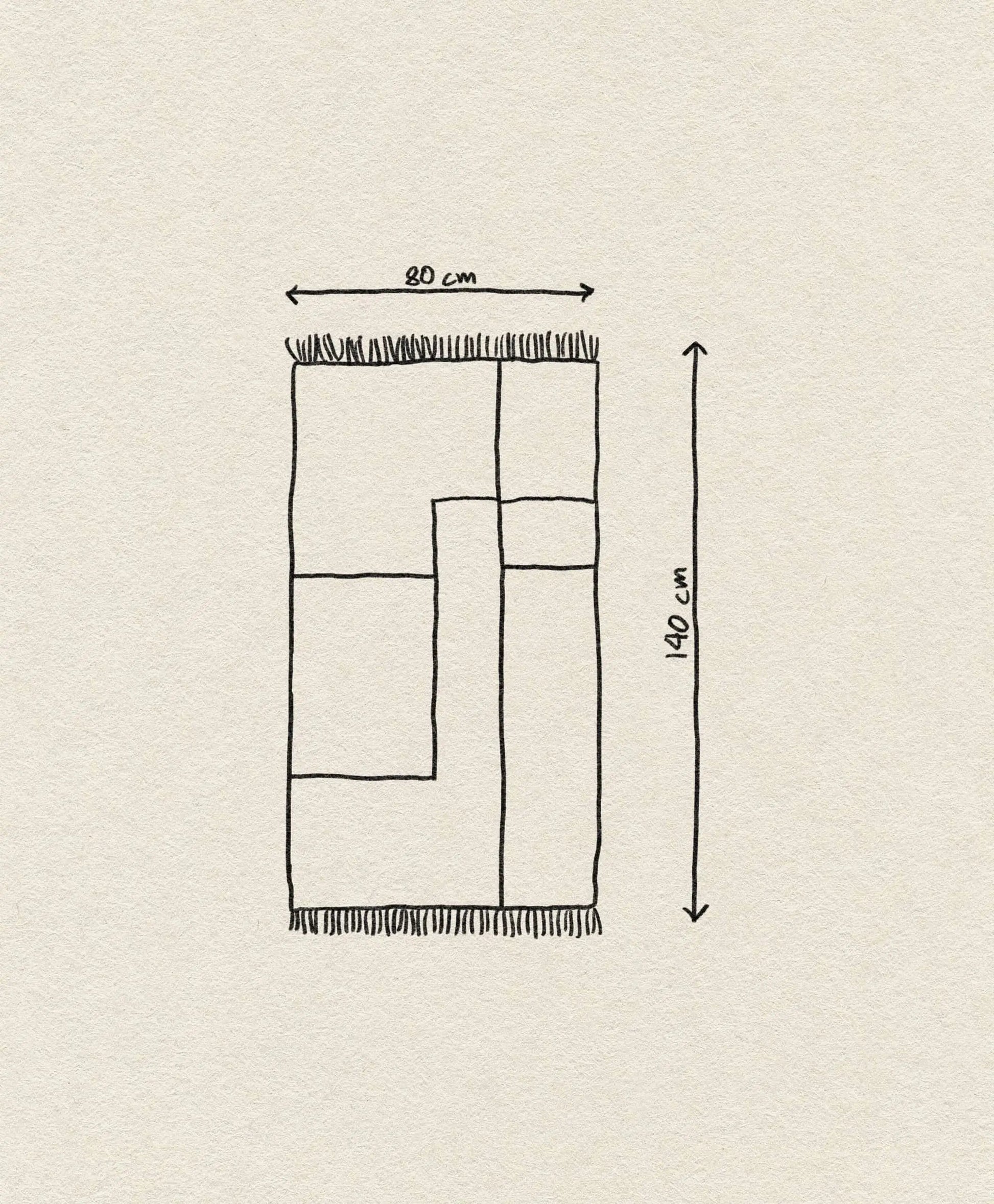 Hand-drawn sketch of the ferm LIVING Kelim Rug by ferm LIVING: a rectangular piece with simple geometric shapes, measuring 80 cm x 140 cm, and finished with fringes on the shorter sides.