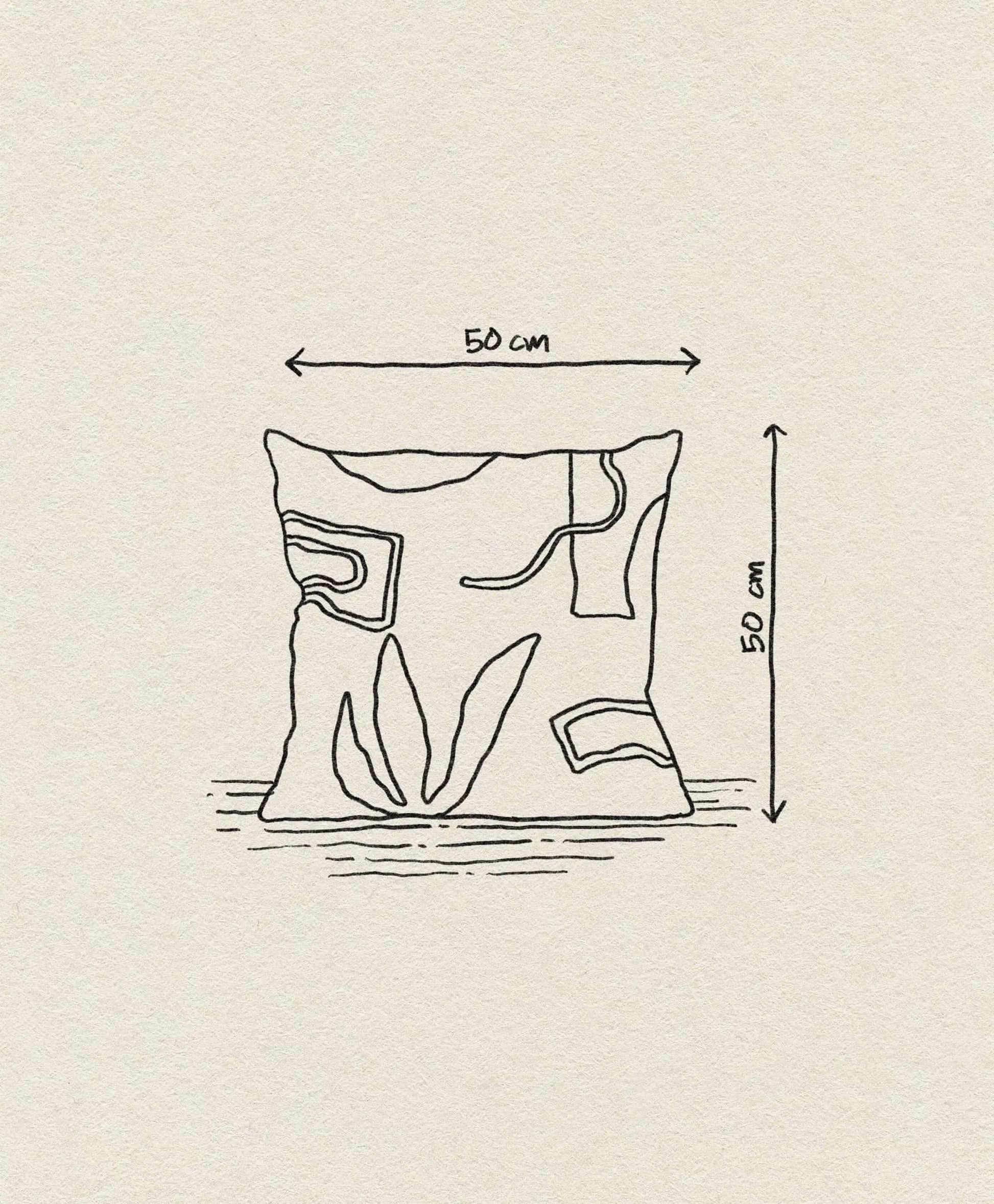 Line drawing of the ferm LIVING Mirage Cushion by ferm LIVING, nature-inspired with earthy abstract patterns, arrows indicating 50x50 cm dimensions on a textured beige background.