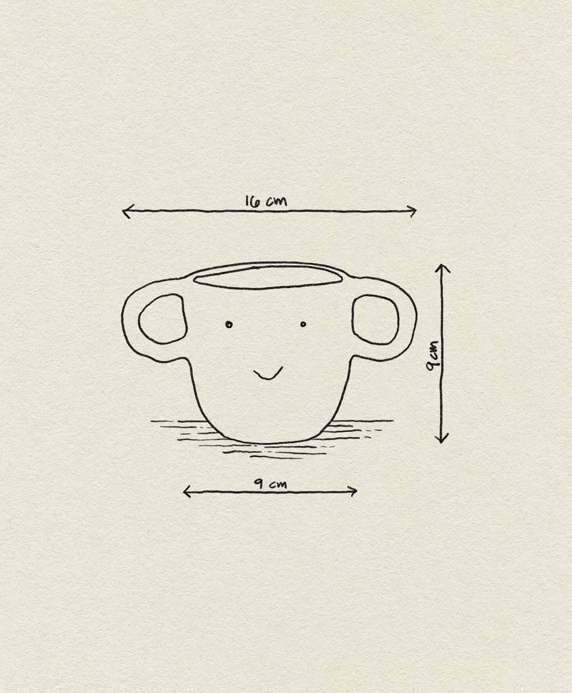 A minimalist line drawing of the ferm LIVING Mus Plant Pot, Small, showing a cup with a smiling face and two mouse handles (16 cm wide, 9 cm tall/base), set on a textured beige background—an ideal quirky plant pot by ferm LIVING.