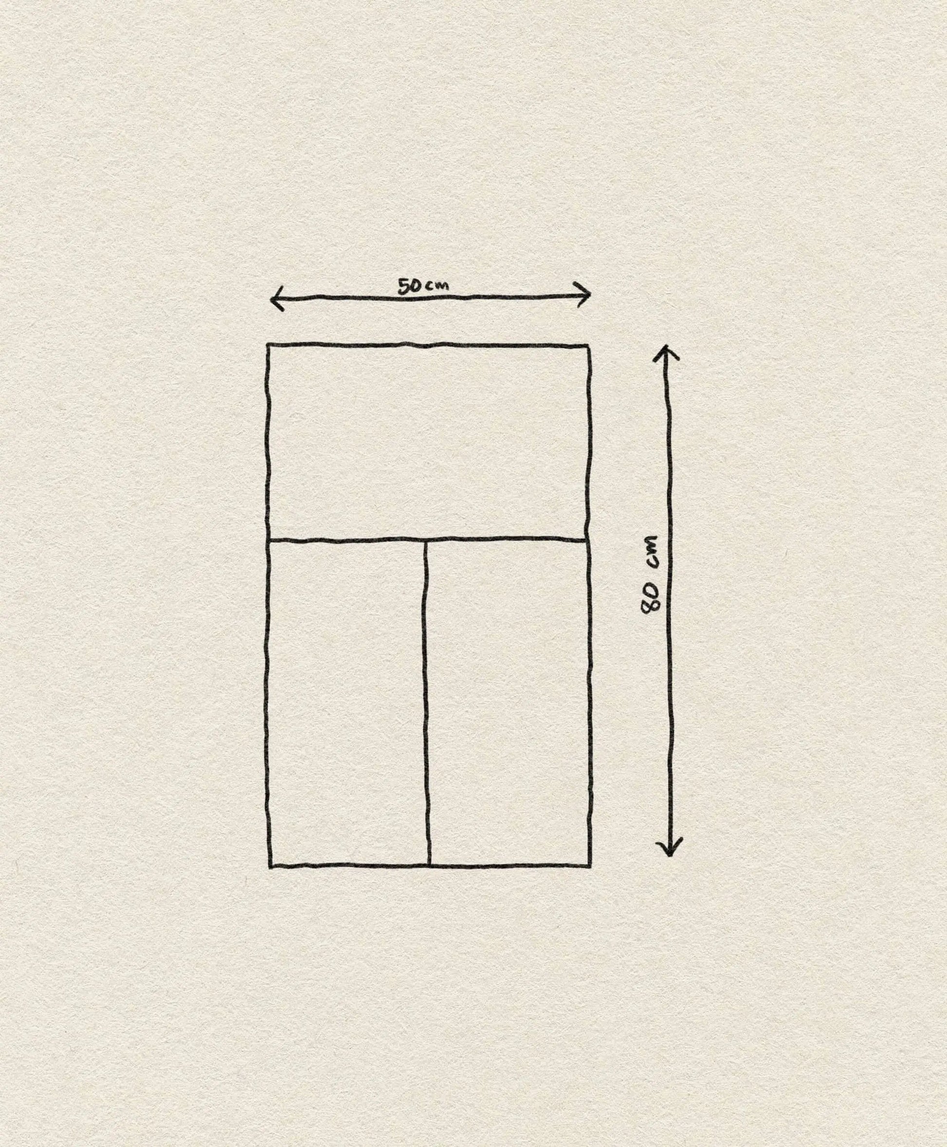A hand-drawn diagram shows a rectangle, like the ferm LIVING Pile Bathroom Mat, divided into two vertical sections on the bottom and one horizontal section on top. The 50x80 cm mat hints at recycled polyester from ferm LIVING.