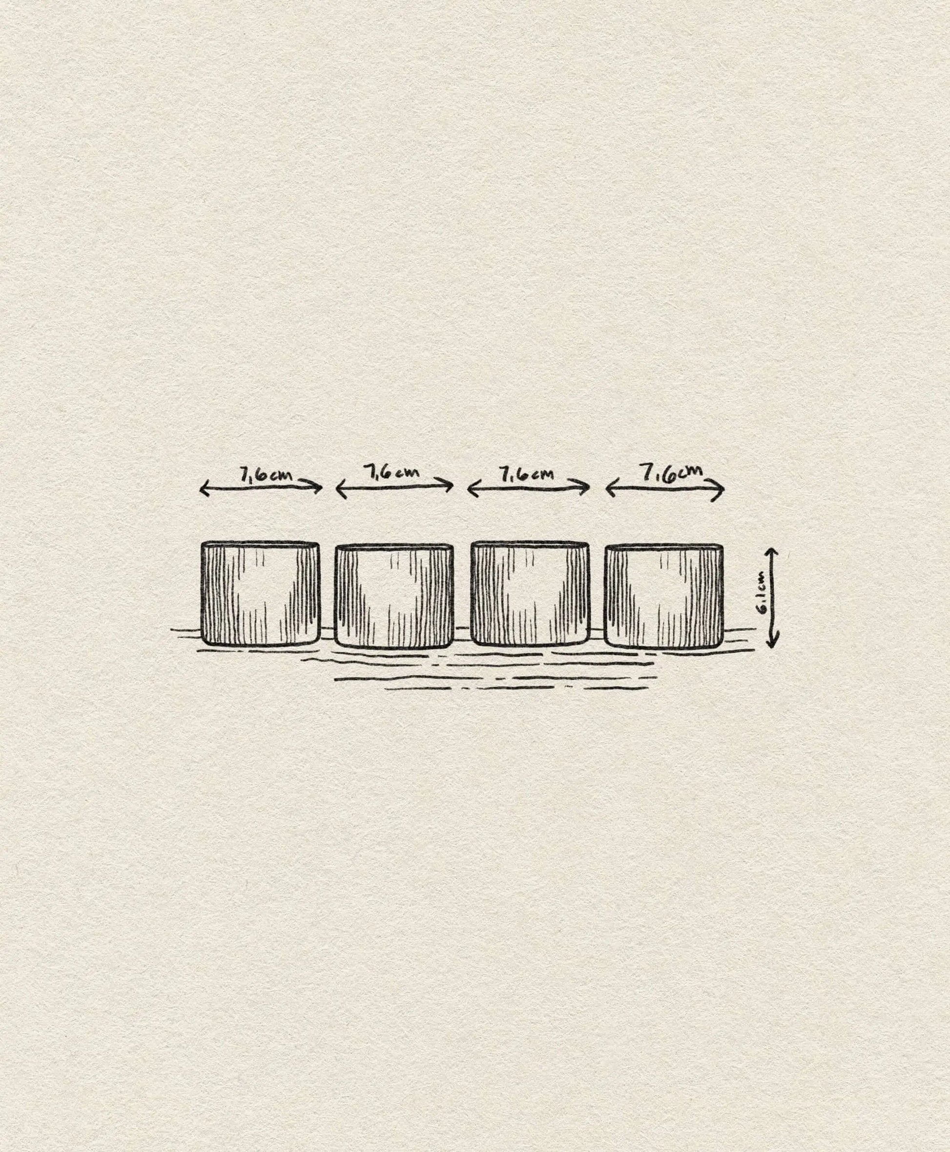 A hand-drawn illustration shows four identical ferm LIVING Ripple Low Glasses (set of 4), each measuring 7.6 cm wide and 6.5 cm tall, arranged in a row with arrows and measurements indicating width above and height at the side.