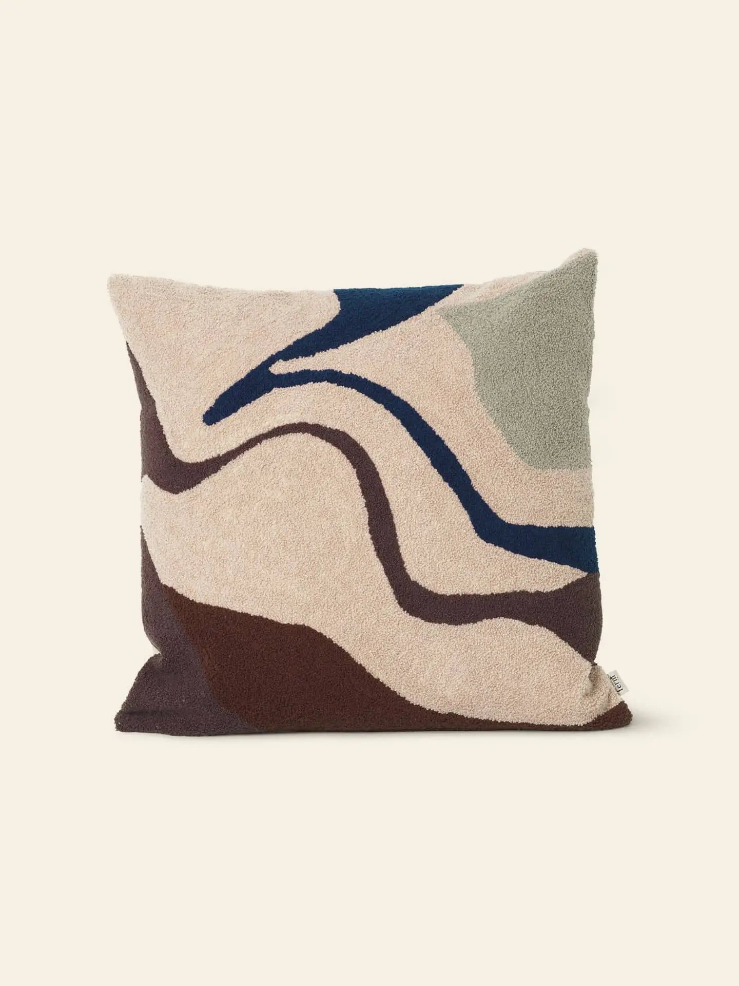 The ferm LIVING Vista Cushion by ferm LIVING features abstract wavy shapes in beige, brown, cream, navy blue, and sage green on a light background—ideal for adding modern style to any space.