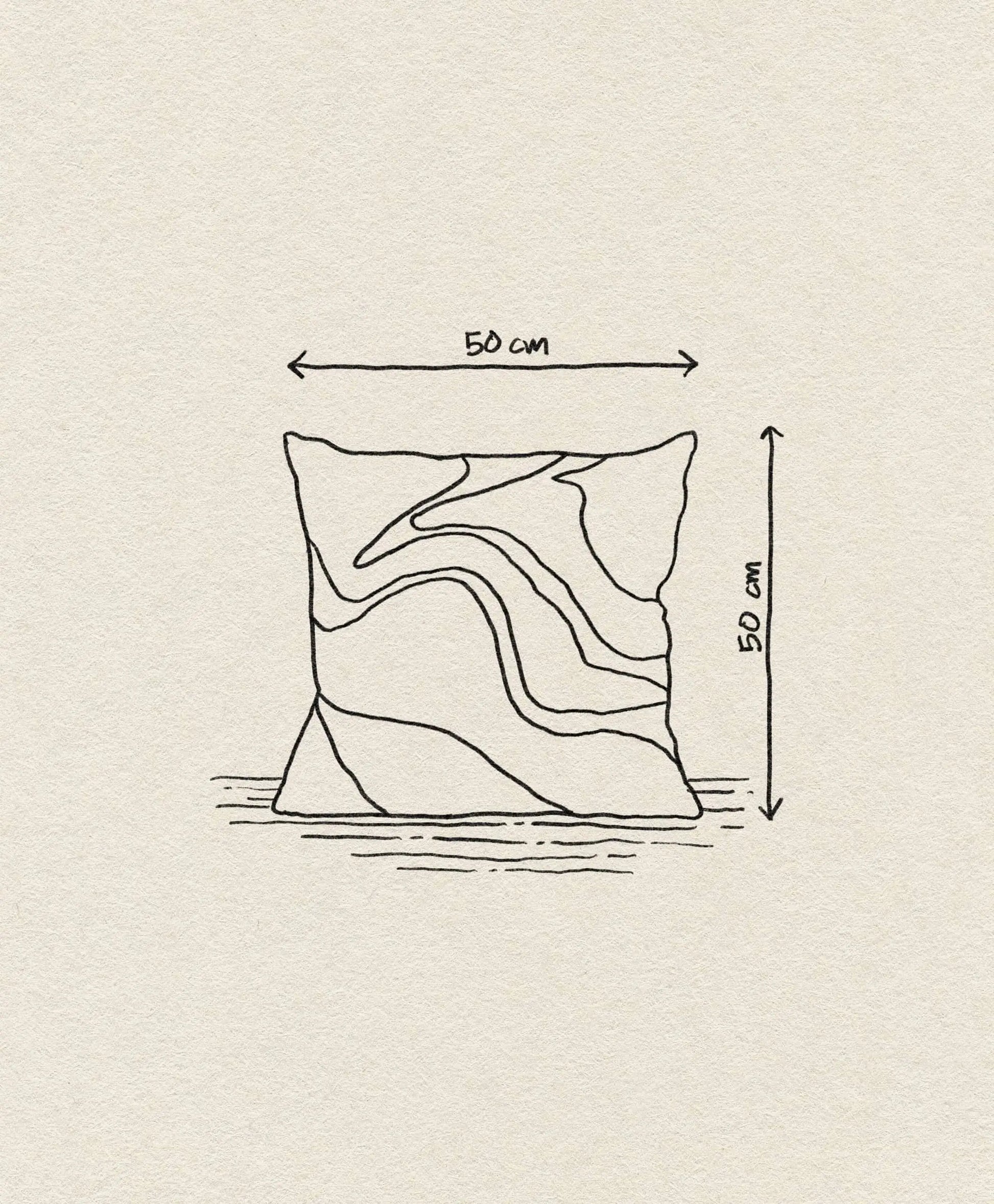 A line drawing of the ferm LIVING Vista Cushion (50x50 cm) with dimensions marked by double-headed arrows on the top and right sides—an abstract, artistic luxury cushion from ferm LIVING, perfect for a modern home.