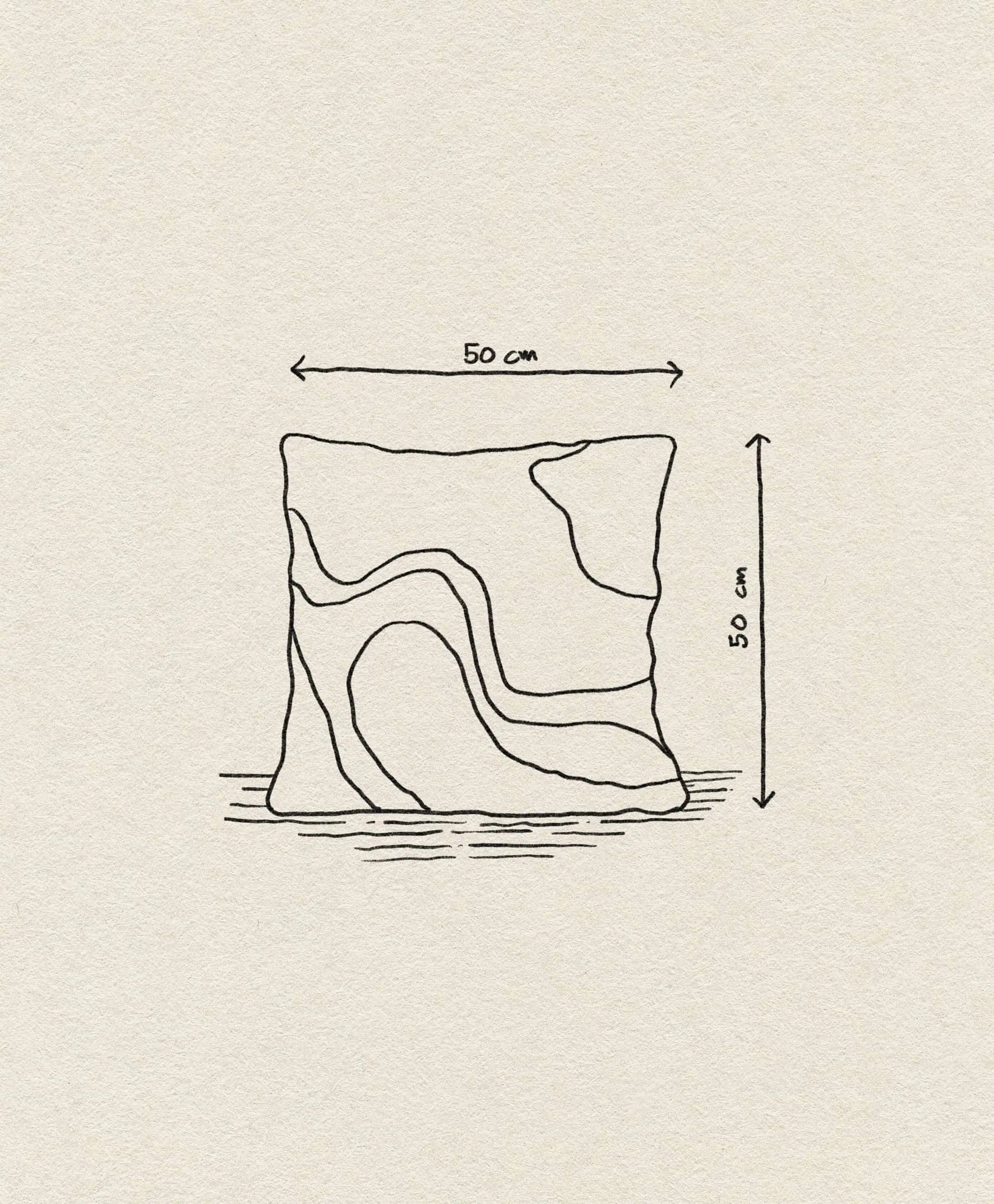 A sketch of the ferm LIVING Vista Cushion—50x50 cm, featuring abstract wavy lines—appears on textured off-white paper with labels and double-headed arrows, capturing luxurious modern style for your home.