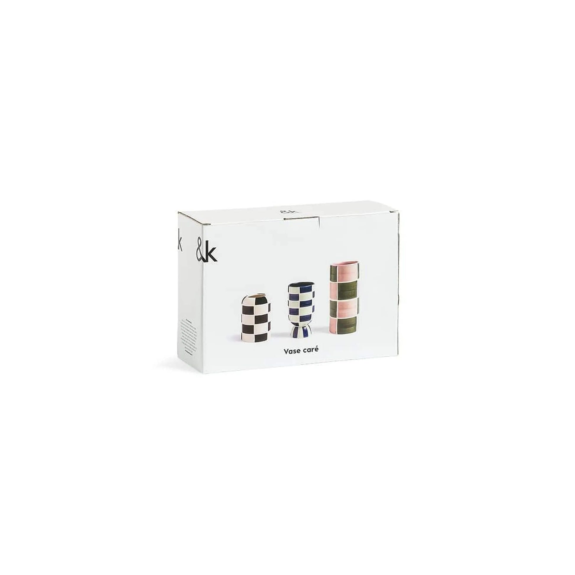 A white &klevering box shows images of three Carré Vases in various colors and geometric shapes, with “Vase core” printed below. Set of 3 by &klevering.