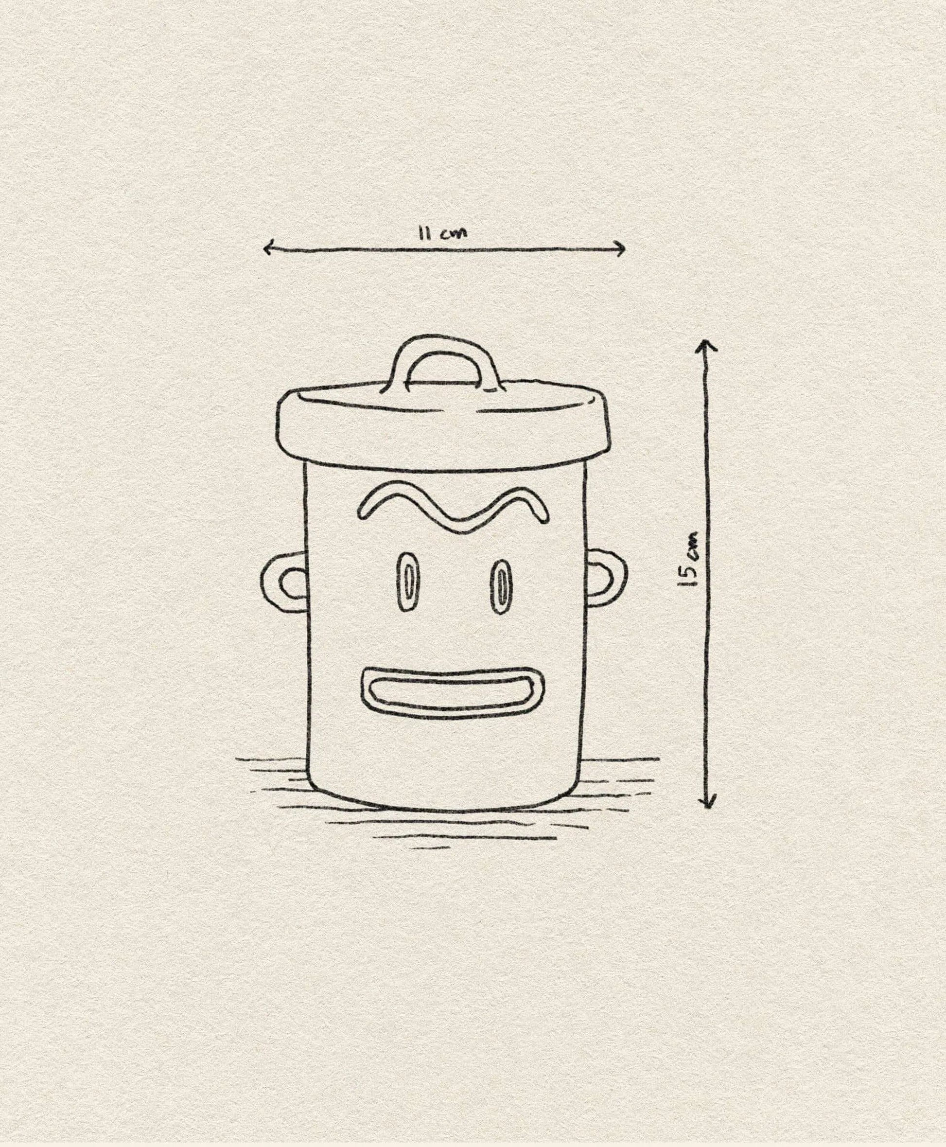 The &klevering Cheeky Jar by &klevering is a hand-drawn lidded container with handles and a face. Measuring 15 cm tall by 11 cm wide, it features playful details—simple eyes, mouth, raised eyebrows—perfect for stylish storage.