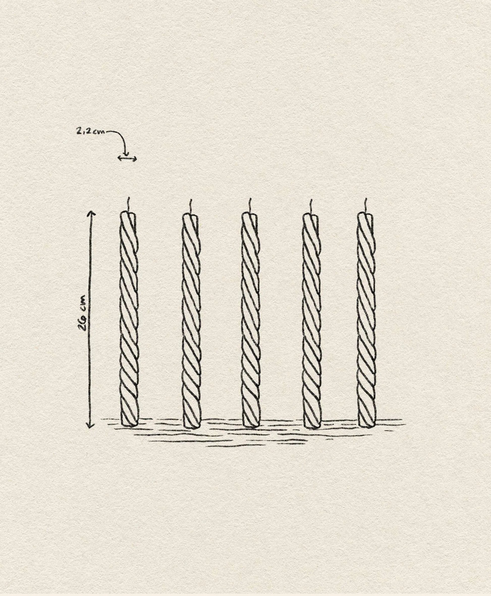 A sketch shows five upright &klevering Marshmallow Candles (Set of 5). The leftmost candle is marked with its height (16 cm) and diameter (2.2 cm), set against a lightly textured paper background.