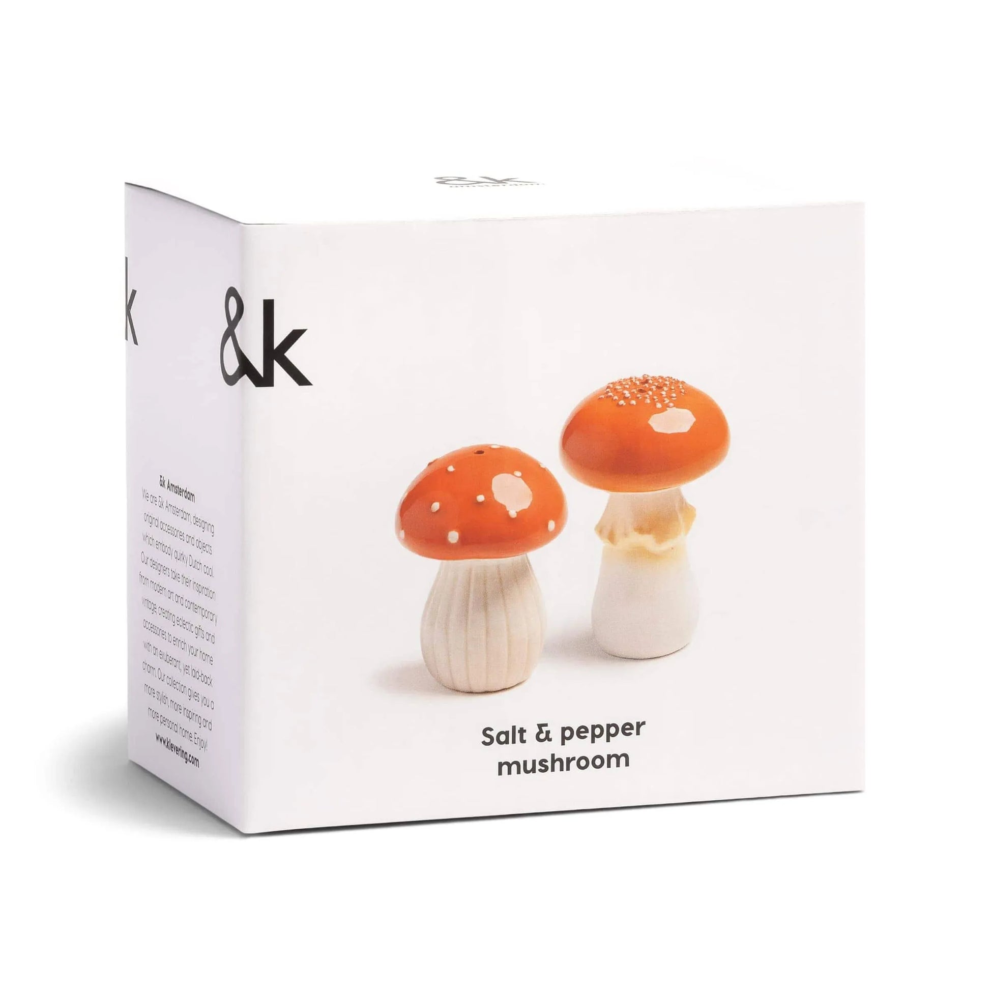 A white product box displays the &klevering Mushroom Salt & Pepper Setโtwo red and white mushroom-shaped shakers, ideal for whimsical kitchen decorโwith โSalt & pepper mushroomโ printed below the image.