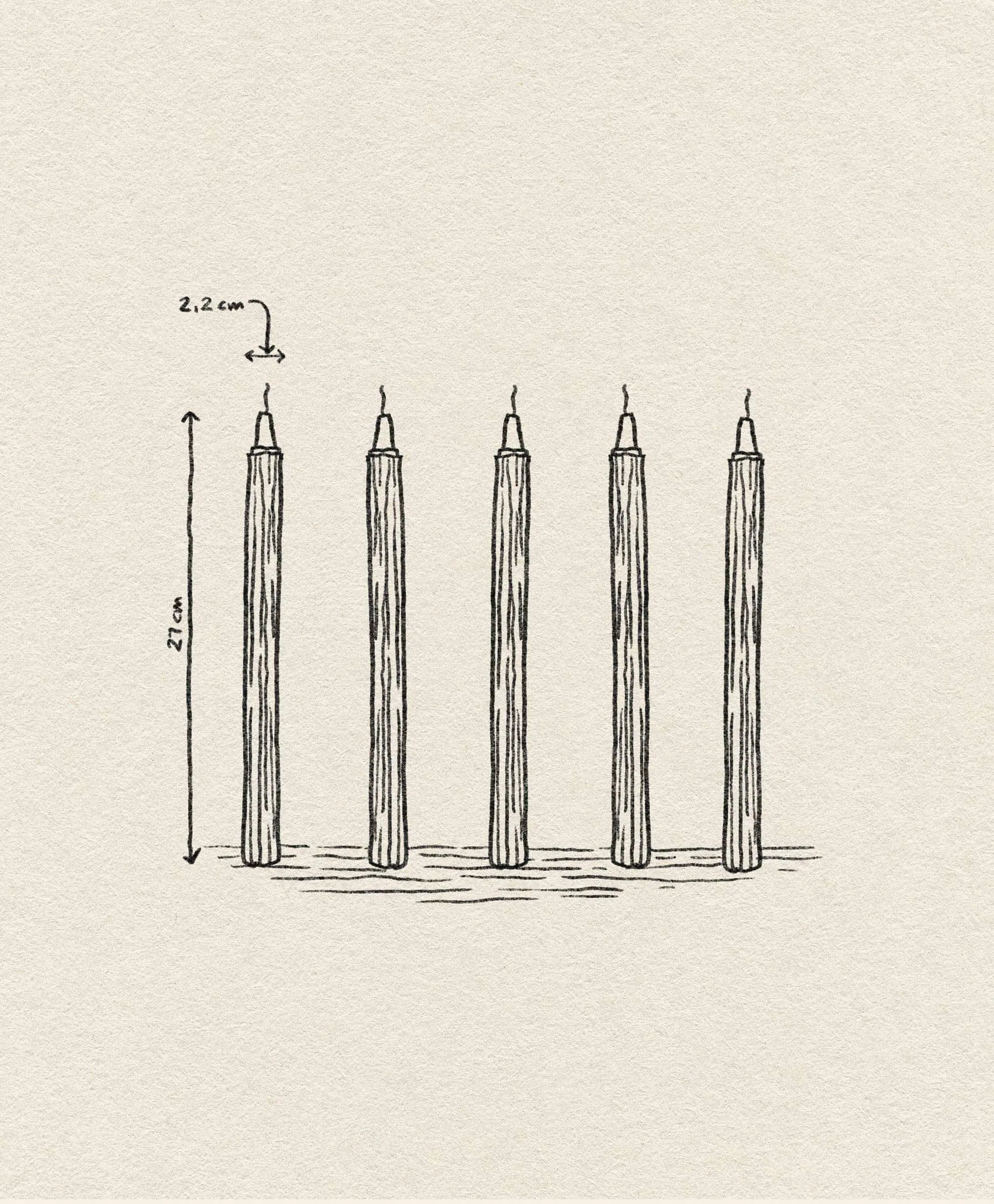 A sketch of the &klevering Ripple Candle, Set of 5, each handcrafted with visible wicks. These 21 cm tall, 2.2 cm wide candles by &klevering feature a unique vertical lined texture against a parchment-like background.