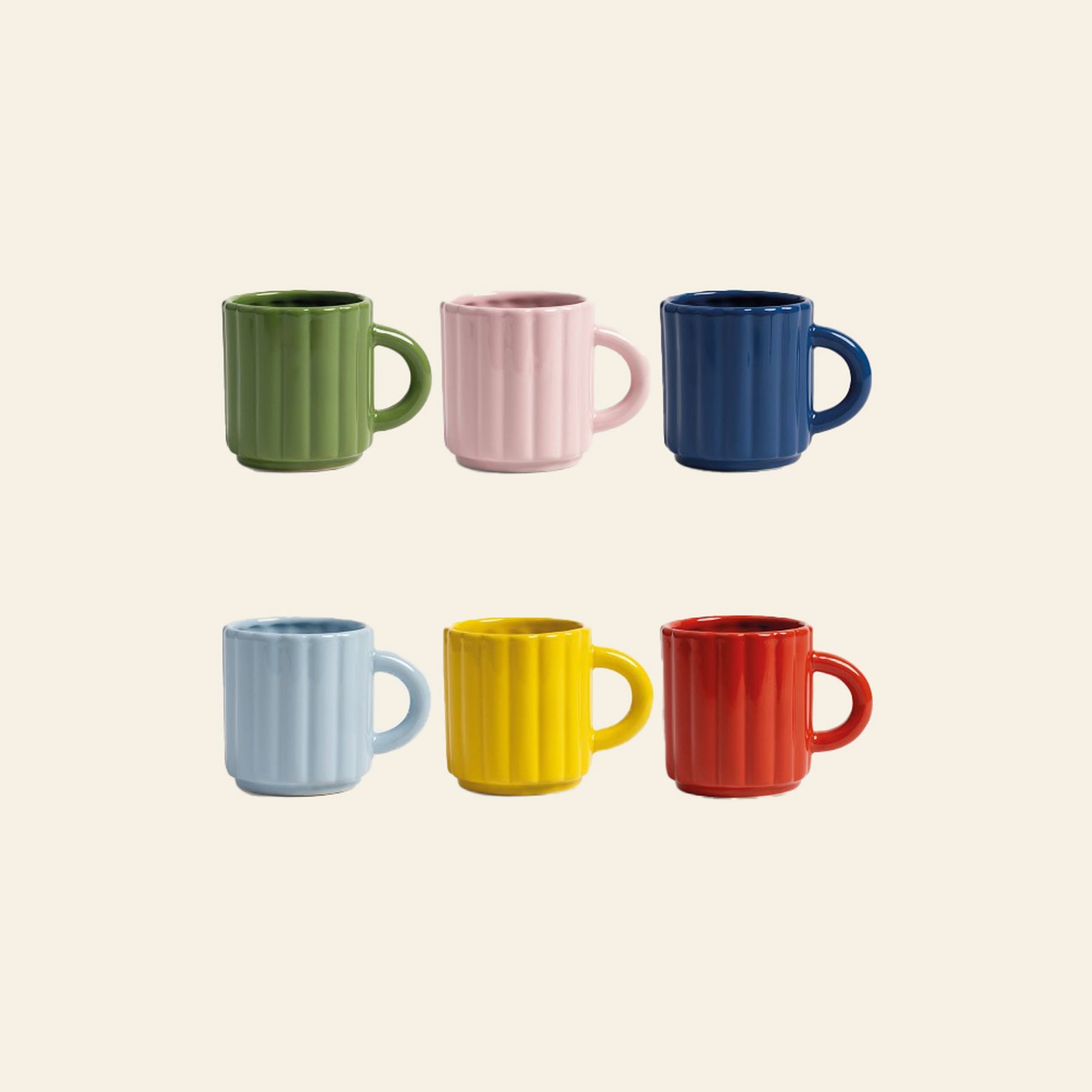 The &klevering Tube Mug, Set of 6, by &klevering, features vibrant green, pink, dark blue, light blue, yellow and red mugs with a ribbed texture and round handle, arranged in two rows on a light beige background.
