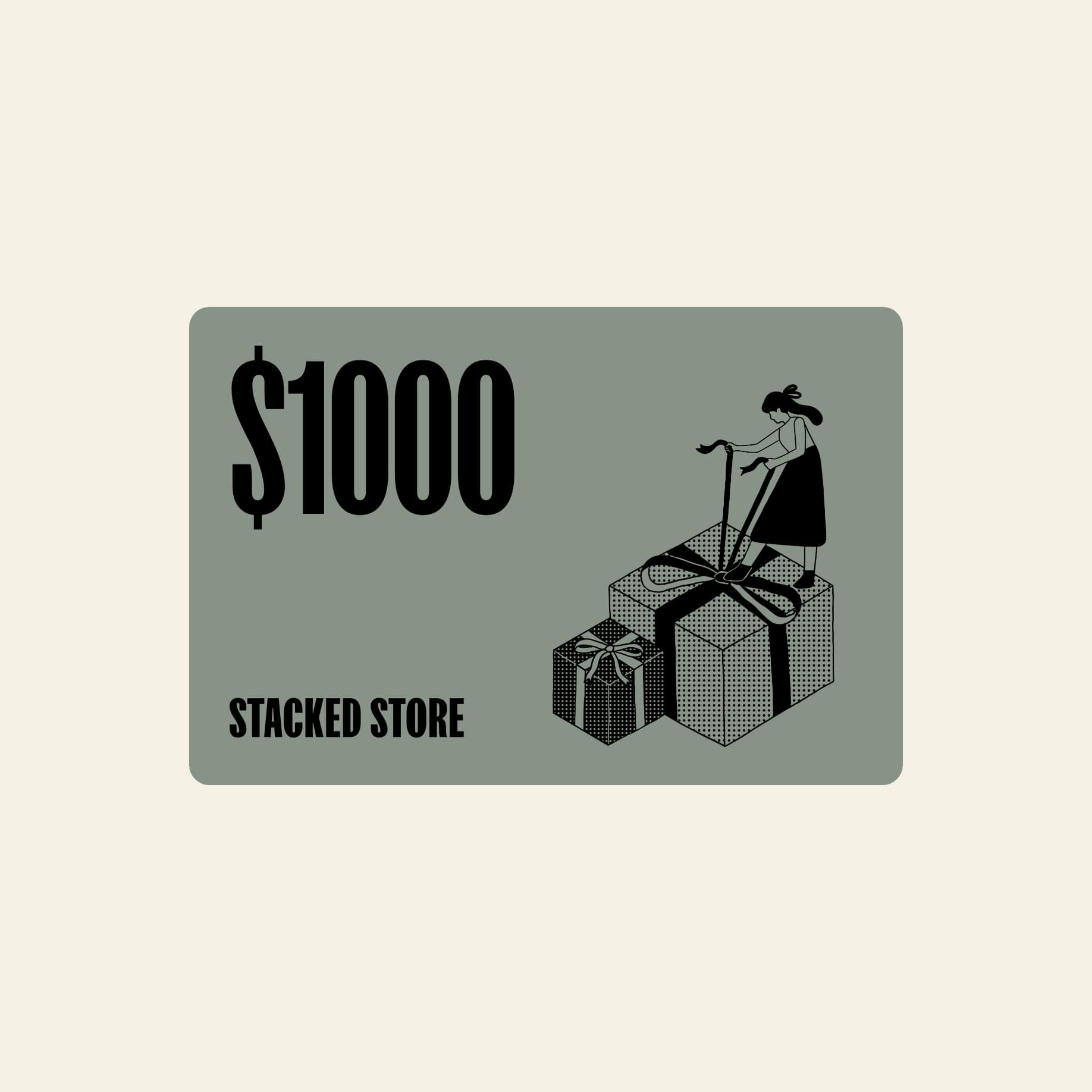 The $1000 Stacked Store Gift Card (Digital) by Stacked Store features artwork of a woman atop gift boxes—ideal for selecting eco-friendly home and living items, with smaller gifts also in the scene.