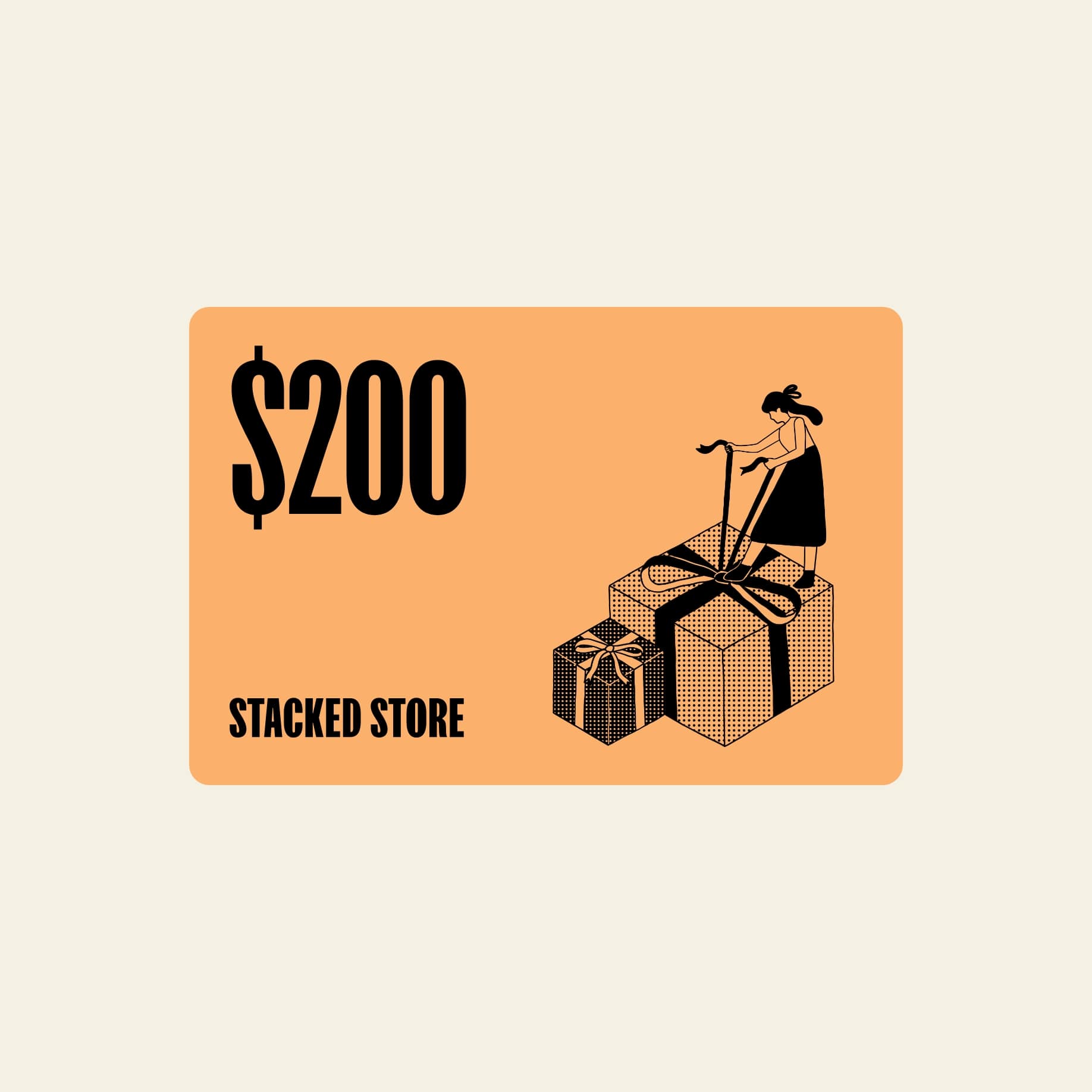 A digital Stacked Store Gift Card ($200) displays the Stacked Store logo. A woman on large wrapped presents pushes a scooter—ideal for choosing planet-friendly home and living products from Stacked Store.