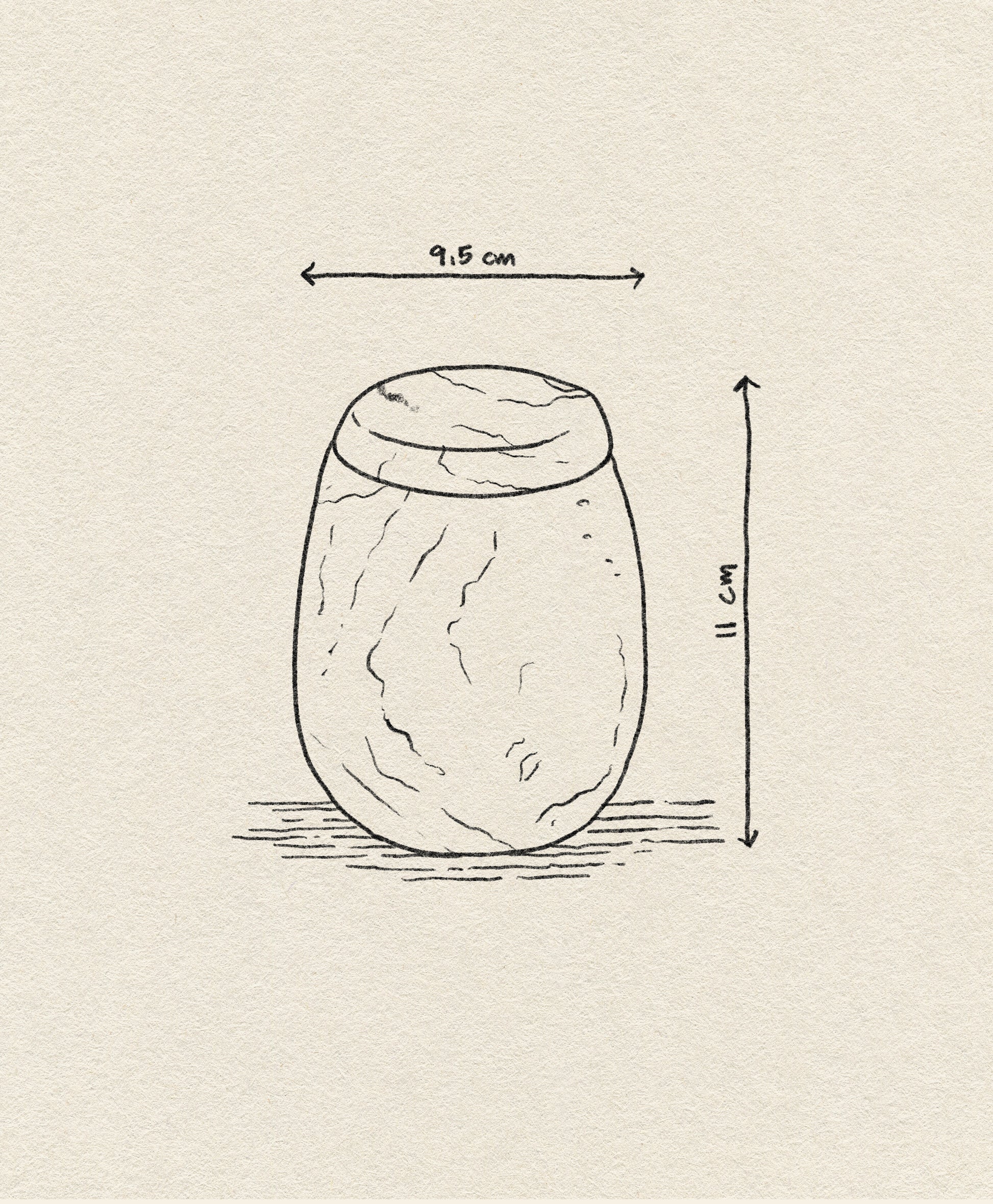 A hand-drawn sketch of the stillgoods Ecru Jar by stillgoods, oval-shaped and sized 9.5 cm wide by 11 cm tall, with horizontal and vertical arrows showing dimensions on a textured beige background.