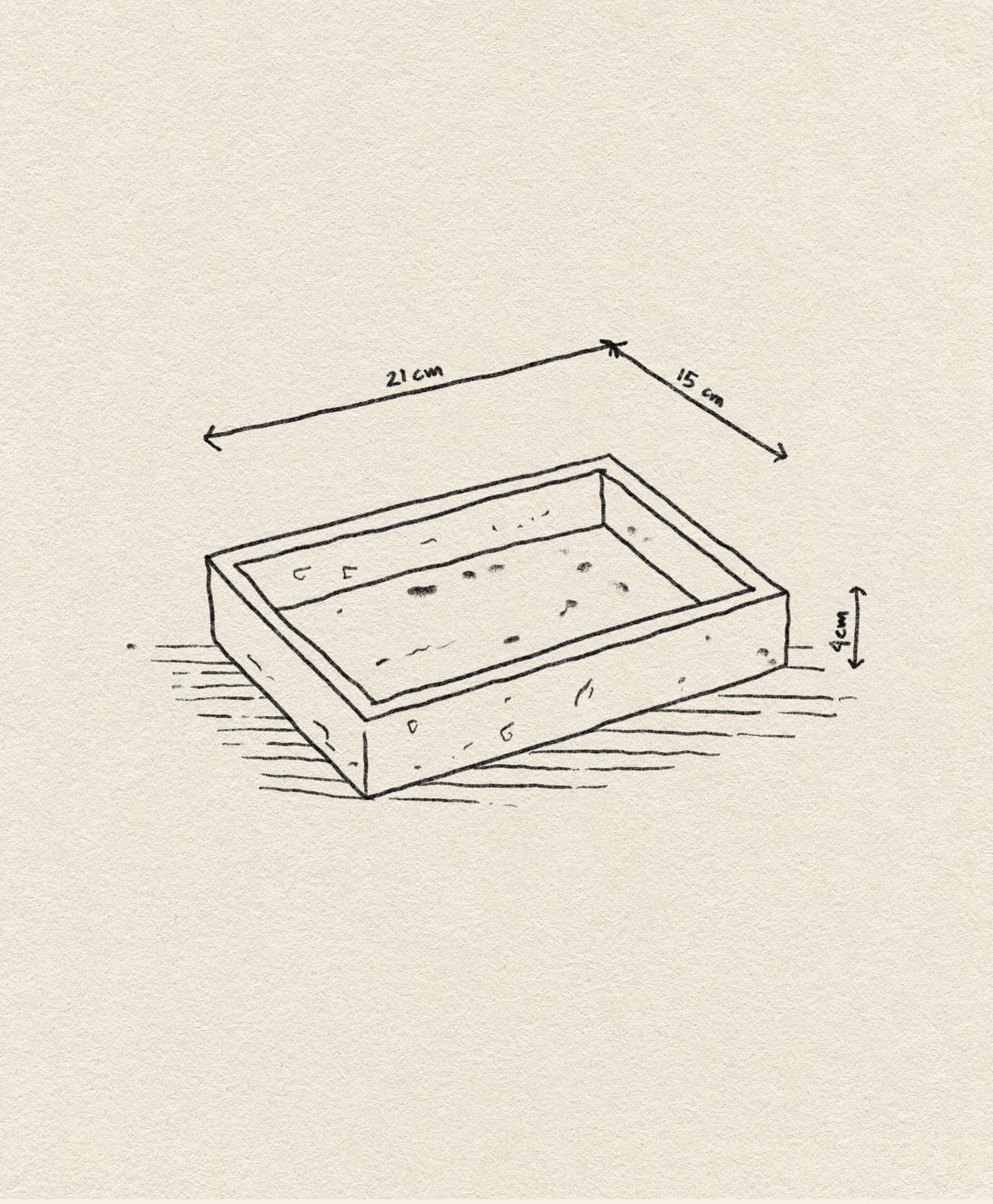 A hand-drawn sketch of the stillgoods Mini Valor Tray, a shallow rectangular box (21x15x4 cm), appears on a textured light background—ideal for organizing essentials by stillgoods.