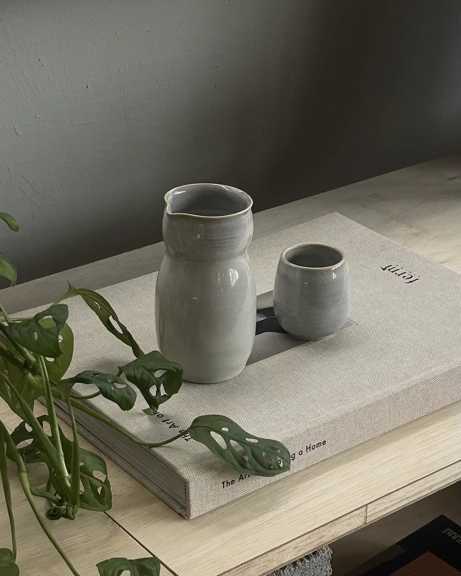 A handcrafted ves Aki Sake Set M pitcher and cup from ves rest atop a large, textured book on a wooden table, with a leafy green plant partially covering the book’s corner against a plain gray wall.