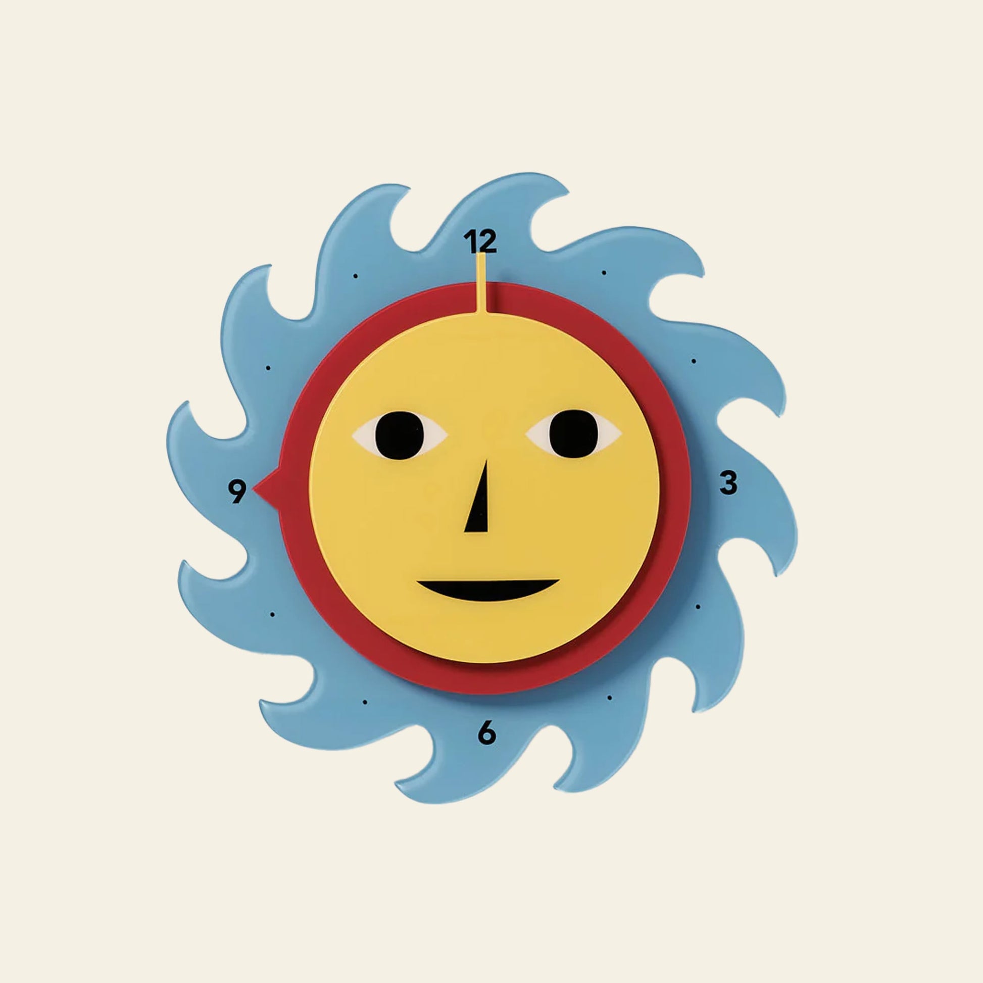 The Areaware Everybody Clock by Areaware features a yellow, sun-shaped face with bold numbers at 3, 6, 9, and 12. Its cheerful design includes black eyes, a triangular nose, and blue wave-like accents for a vibrant touch.