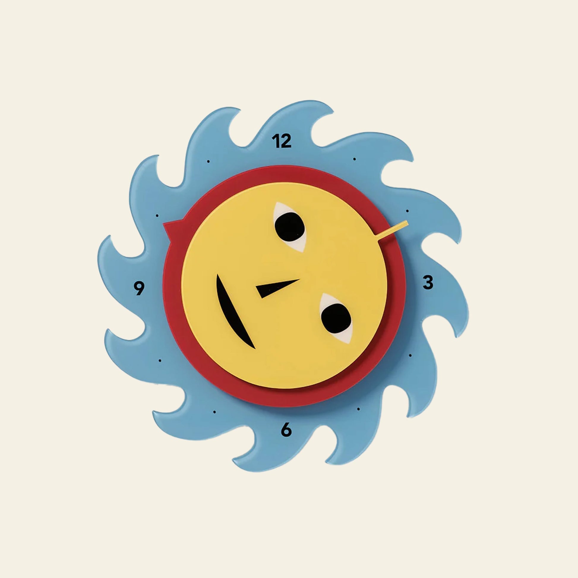 The Areaware Everybody Clock by Areaware features a whimsical sun-shaped design, yellow face with blue wavy rays, and numbers 3, 6, 9, and 12 marking the hours on a light background.