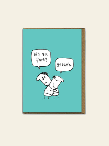 The Brainbox Candy Hazel Bee - Did You Fart? Greeting Card features two cartoon characters with a funny speech bubble exchange, set against a teal background and brown edges, from the brand Brainbox Candy.