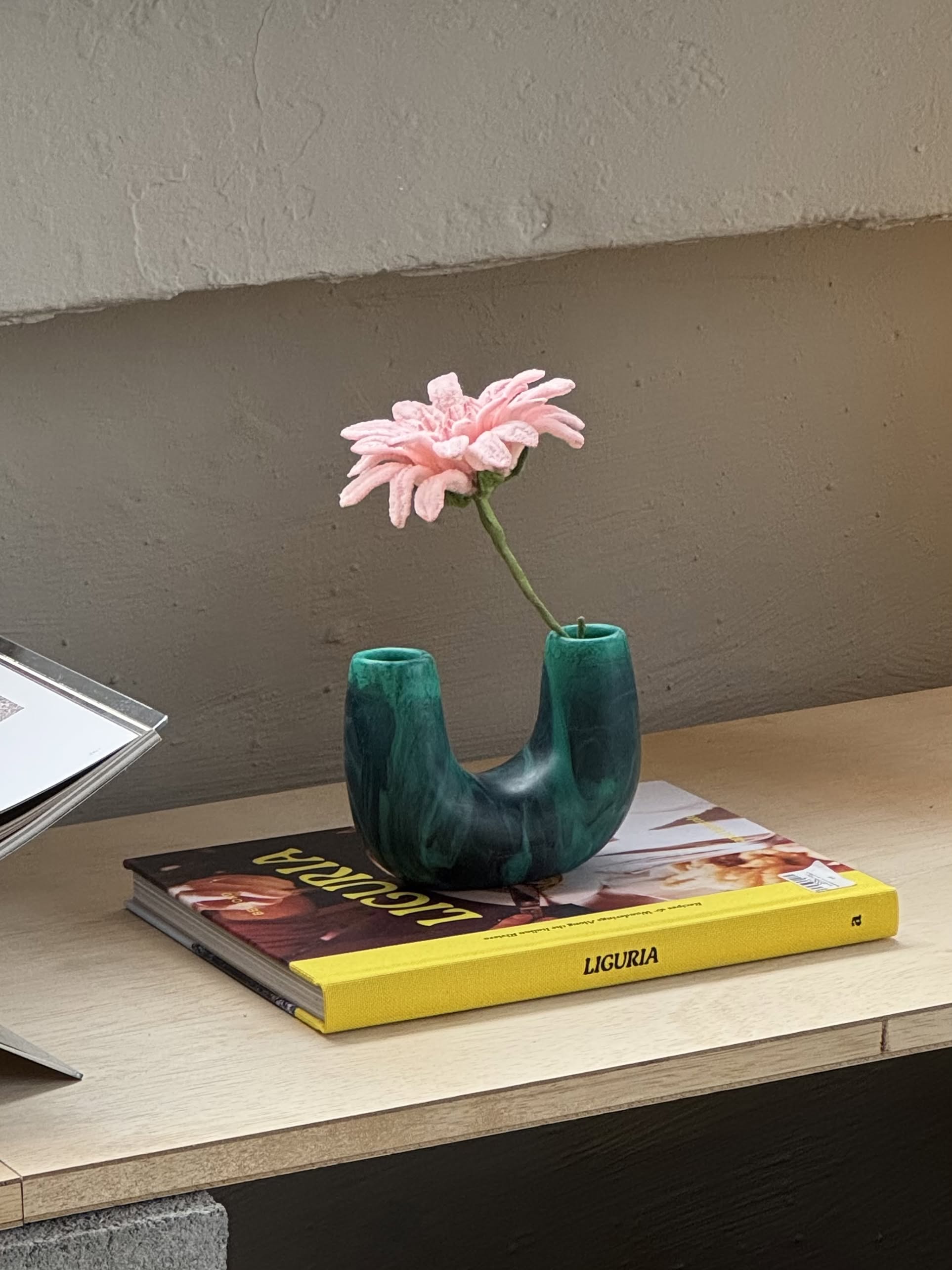 A single pink flower in a green Dinosaur Designs Mini Branch Vase from the Branch collection, inspired by Stephen Ormandy, sits on magazines—including LIGURIA—atop a light wooden surface against a gray wall.