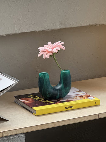 A single pink flower in a green Dinosaur Designs Mini Branch Vase from the Branch collection, inspired by Stephen Ormandy, sits on magazines—including LIGURIA—atop a light wooden surface against a gray wall.