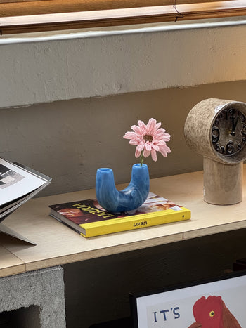 A pink artificial flower in a blue, U-shaped Dinosaur Designs Mini Branch Vase sits atop a book titled LIGURIA on a wooden shelf, next to a distorted clock sculpture and other books.