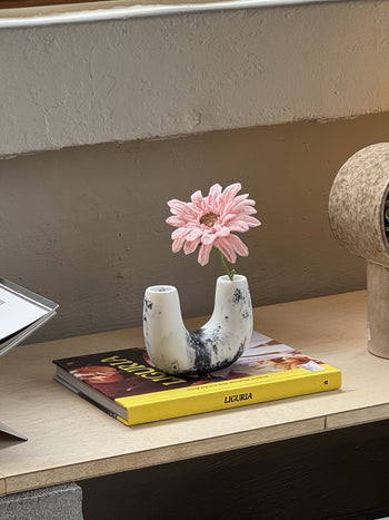 A pink artificial flower in a uniquely shaped Dinosaur Designs Mini Branch Vase sits on two stacked books, one titled LIGURIA, on a wooden surface near a light-colored wall.