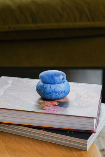 The Dinosaur Designs Small Pebble Jar, a round blue jar with a versatile lid, rests on two hardcover books atop a wooden table, with a softly blurred green sofa in the background—perfect for stylish storage.