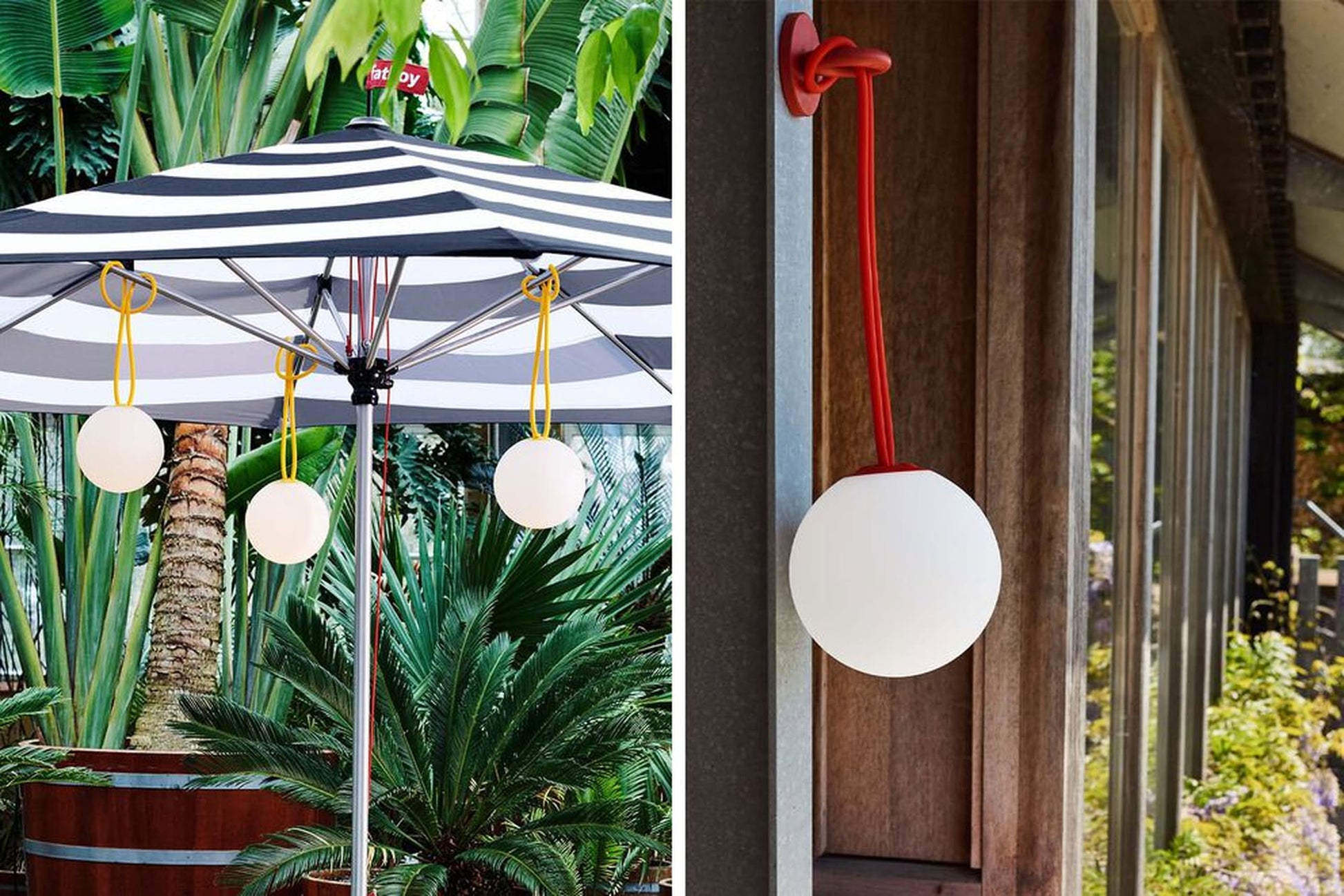 Fatboy Bolleke lanterns by Fatboy add ambient light, hanging from a striped umbrella amid tropical plants (left) and from a red strap on a wooden wall by a garden-view window (right).