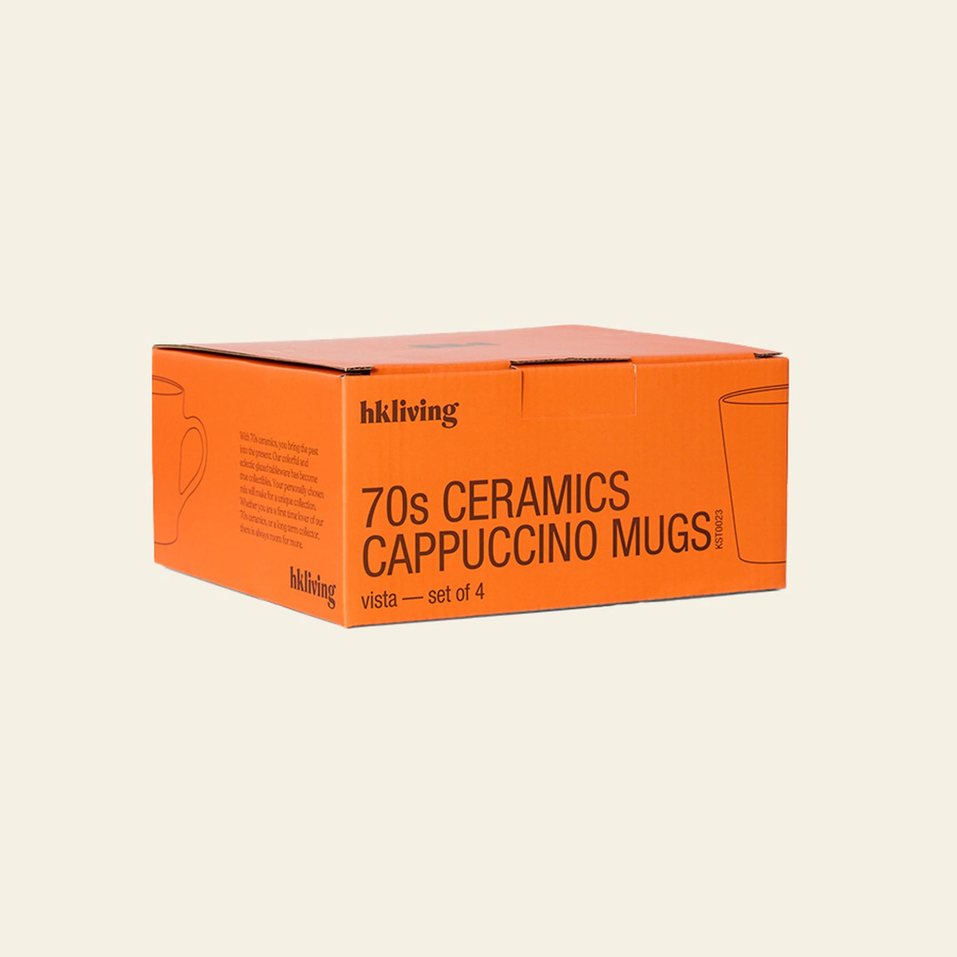 A rectangular orange box labeled HKliving 70s Ceramics: Cappuccino Mugs, Set of 4, with minimal cup illustrations on a plain background—ideal for retro mug fans.