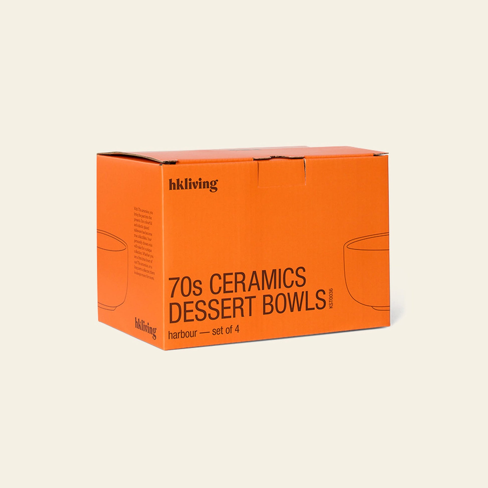 An orange box labeled HKliving 70s Ceramics: Dessert Bowls, Set of 4, features simple bowl illustrations and contains four vibrant retro dessert bowls by HKliving.
