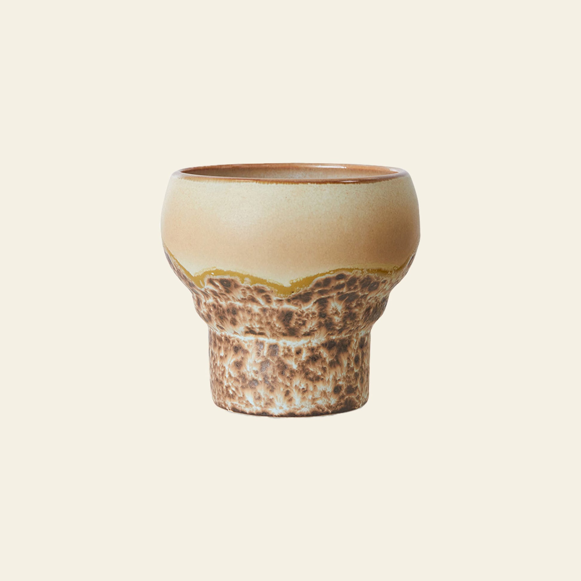 The HKLIVING 70s Ceramics: Lungo Mugs Set of 2 features ceramic mugs with a wide, rounded top narrowing to the base and a gradient glaze from light beige to textured brown, set against an off-white background—ideal for coffee lovers.