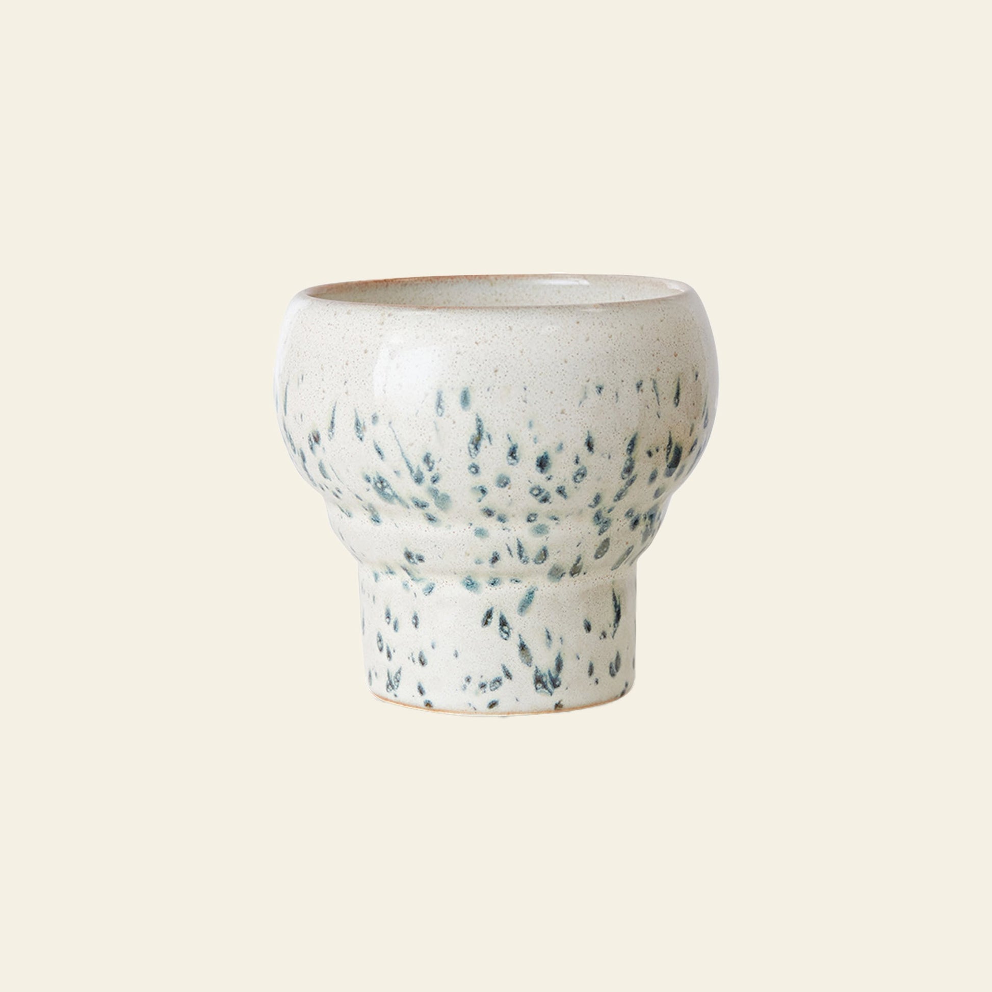 The HKLIVING 70s Ceramics: Lungo Mugs, Set of 2, feature a wide, rounded top and narrow base with a white glaze, subtle green speckles, and a smooth matte finish—ideal for coffee lovers.