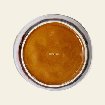 A set of 2 HKliving 70s Ceramics pasta bowls with a brown center, light gray rim, and embossed HKliving logo, viewed from above—evoking classic retro tableware style.