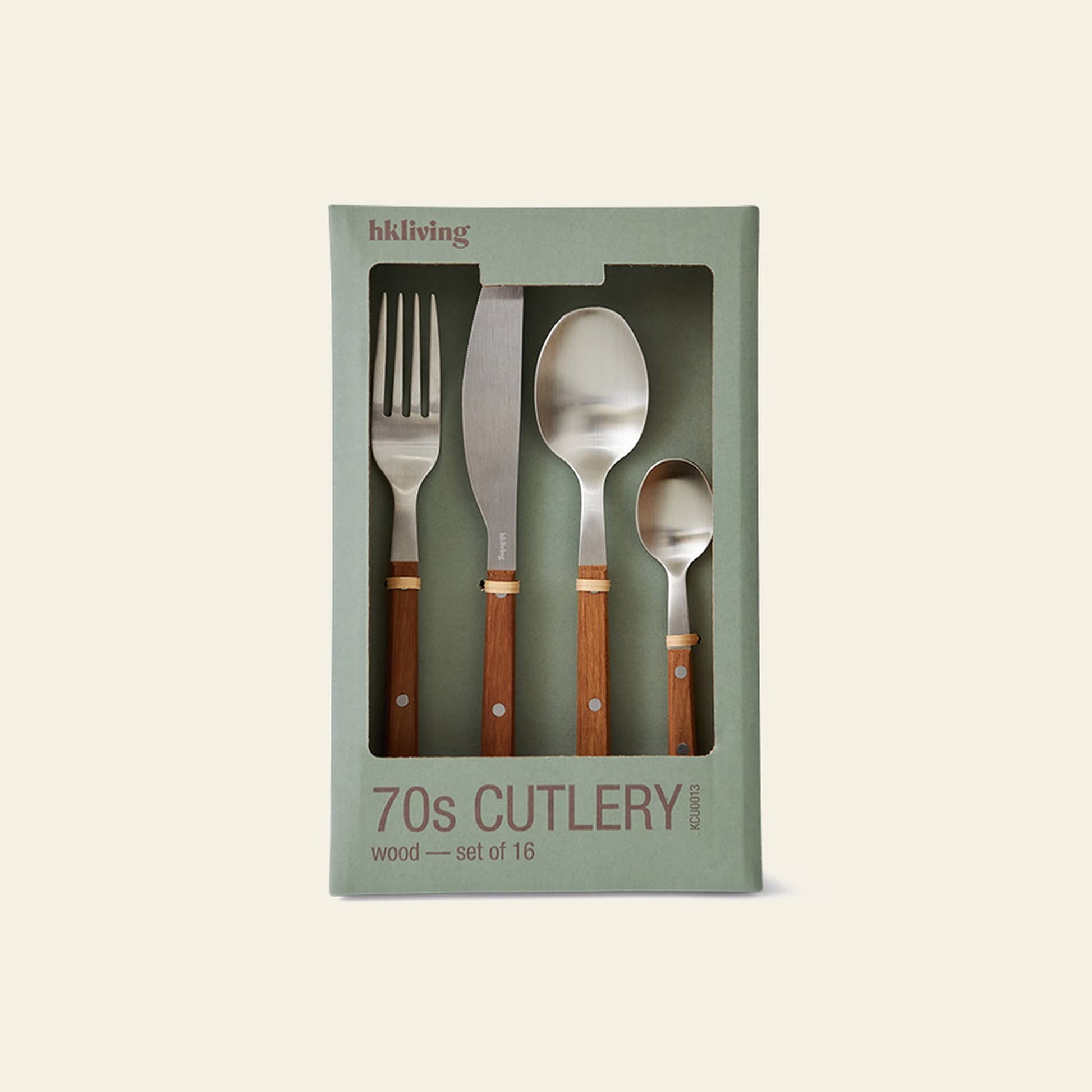 The HKLIVING 70s Cutlery: Wood, Set of 16 comes boxed in muted green and features stylish wooden handles on forks, knives, tablespoons, and teaspoons—a perfect retro cutlery set from HKLIVING.