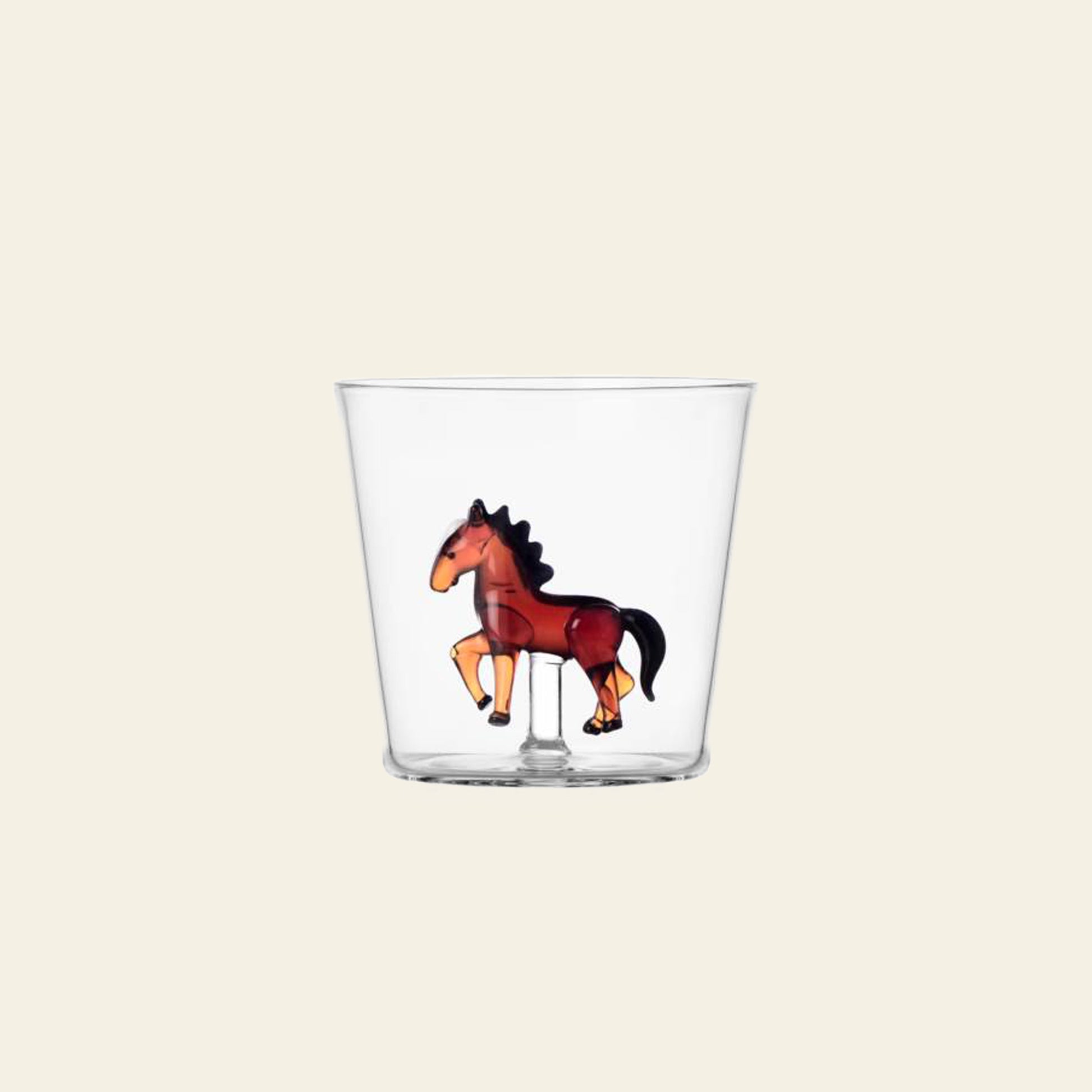 The Ichendorf Milano Animal Farm Tumbler by Ichendorf Milano features a hand-crafted brown horse figurine inside its clear glass design, set against a plain, light background.